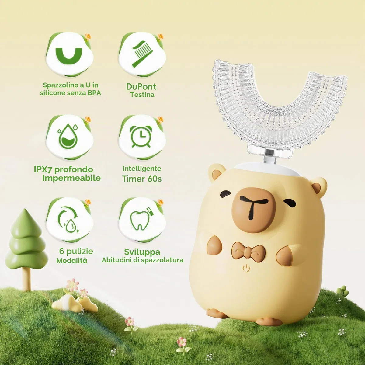 Spazzolino elettrico per bambini a forma di U - Capibara con 6 testine per pulizia completa della bocca, spazzolino automatico per bambini, con impermeabilità IPX7 (Capybara, 2-14 anni)