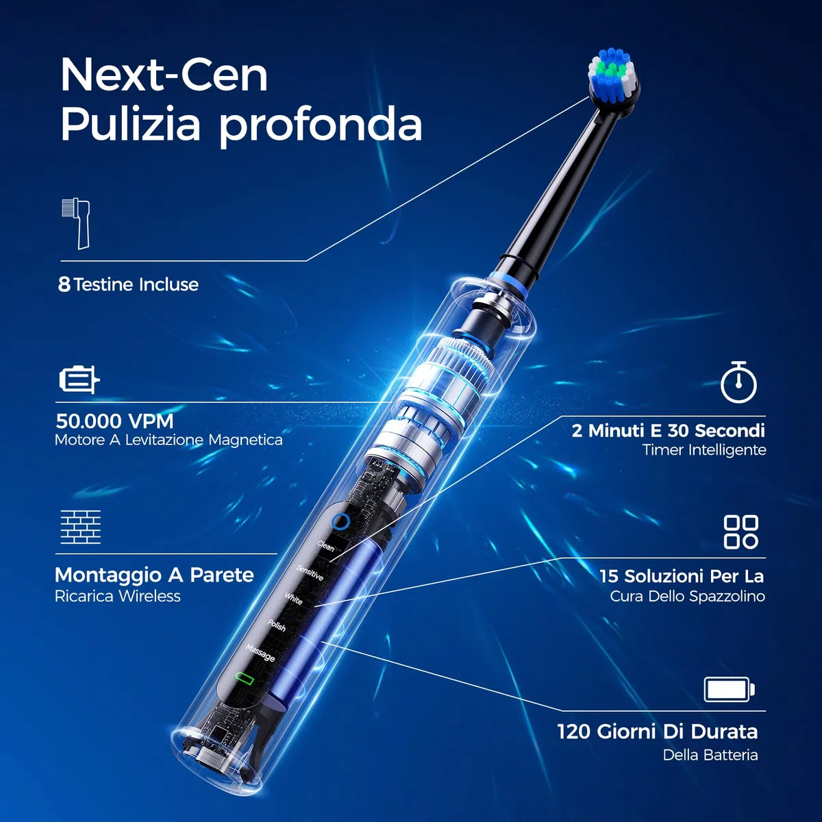 Spazzolino Elettrico Rotante per Adulti e Bambini con 3 Intensità e 5 Modalità, Electric Toothbrush con 8 Testine, Custodia da Viaggio, Impermeabile IPX7, Batteria con Autonomia di 120 Giorni (Nero)
