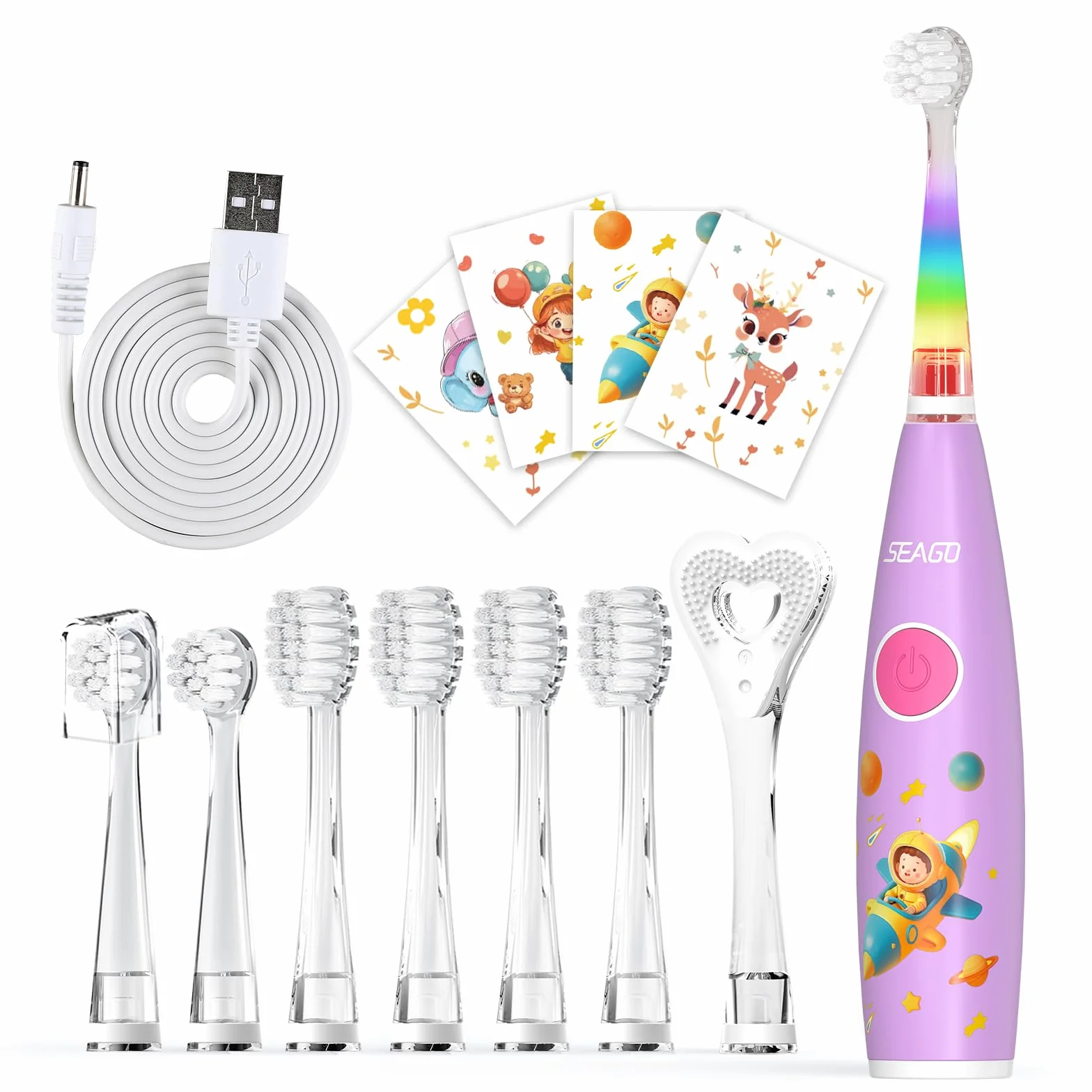 Seago Spazzolino Elettrico per Bambini con 8 Testine Morbide, LED Colorato, Timer 2 Minuti, Ricaricabile, 60 Giorni di Autonomia, Con Adesivi e Spazzolino per Lingua, Adatto 0-6 Anni SG-2159 (Rosa)