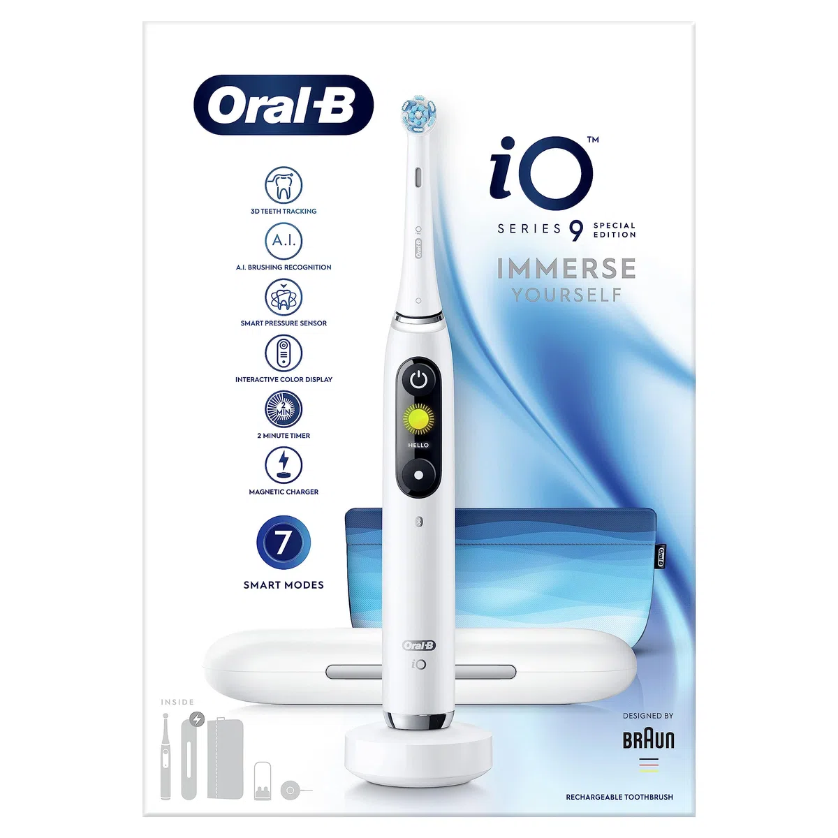 Oral-B Spazzolino Elettrico Ricaricabile iO 9 Bianco Ed. Speciale, 1 Testina di Ricambio, 1 Custodia Da Viaggio, 1 Astuccio Magnetico. 1 Spazzolino