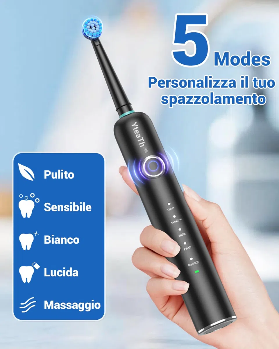 Spazzolino Elettrico Rotante per Adulti - 2 Spazzolino Denti Rotante con 10 Testine e 2 Custodia da Viaggio, 5 Modalità, Impermeabile IPX7, Spazzolino Elettrico da Viaggio Ricaricabile, Nero e Bianco