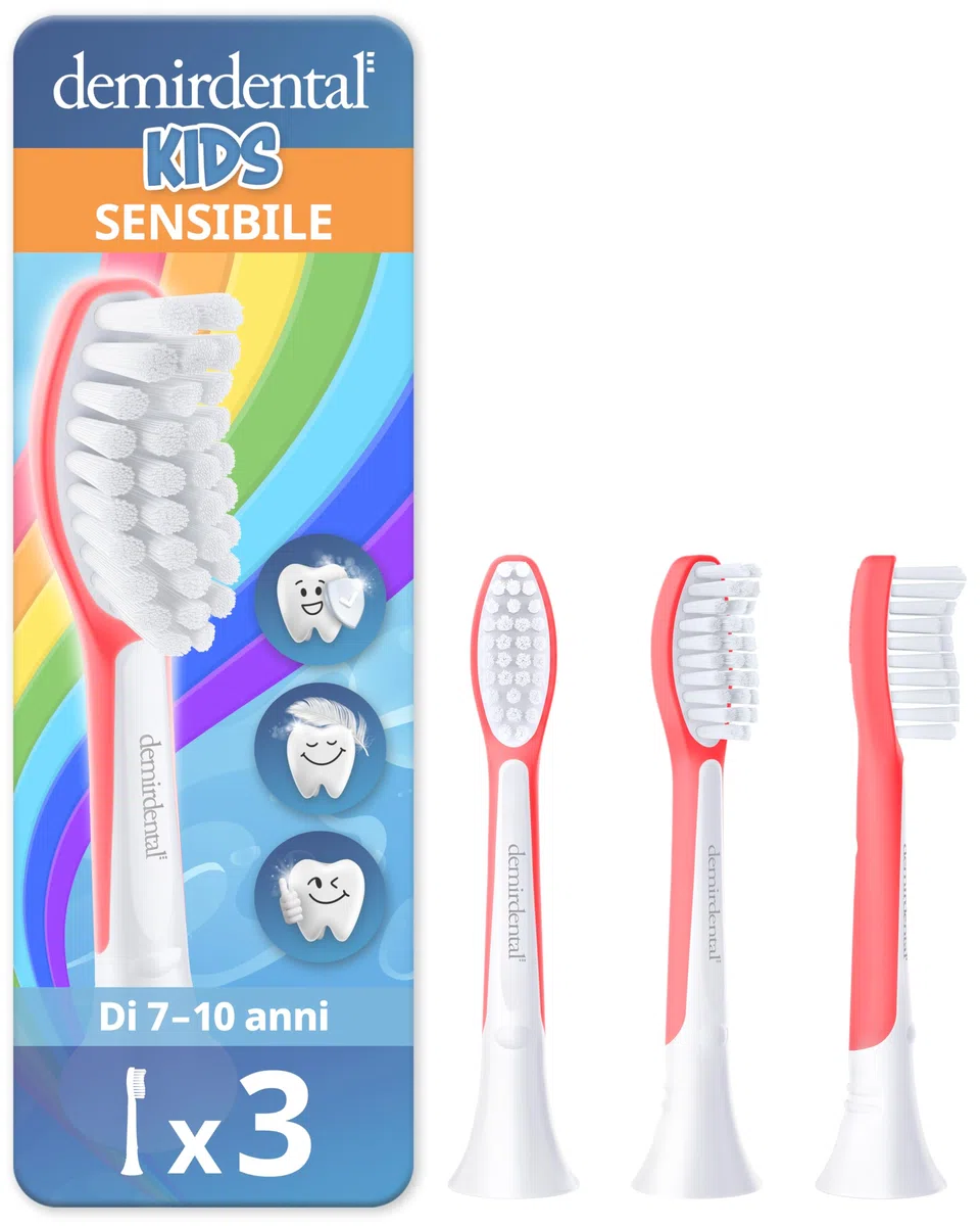 demirdental testine per Philips Sonicare Kids testina per bambini, per i primi denti permanenti, bambini da 7 a 10 anni, corrisponde a HX6043, Rosso, set da 3