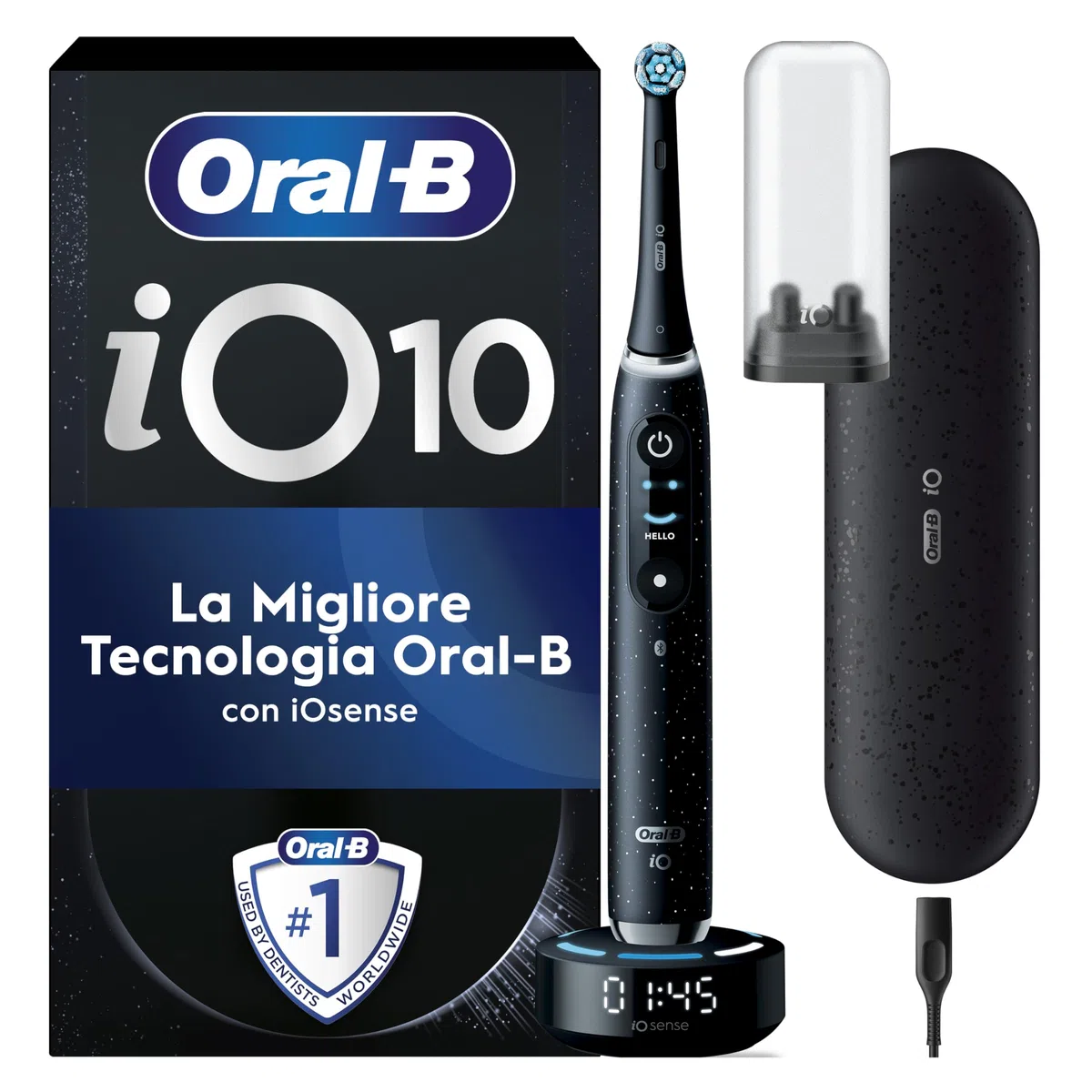 Oral-B Spazzolino Elettrico Ricaricabile iO 10 Nero, 1 Spazzolino Elettrico, 1 Testine di Ricambio, Custodia Da Viaggio Ricaricabile, iO 10, Pulizia Denti, Sensore di Pressione, Gengive Protette