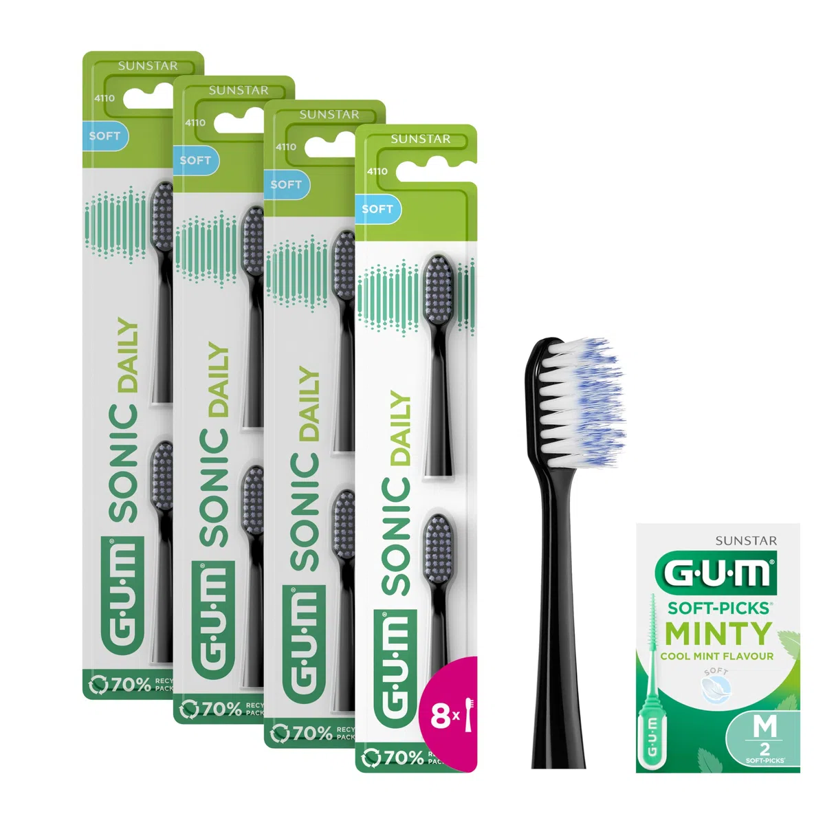 GUM Sonic Daily - Testine di ricambio per spazzolino sonico GUM Sonic Daily, setole morbide e microfini per una pulizia delicata e accurata, ogni giorno, 4 x 2 pezzi (Nero) +1 bonus sample