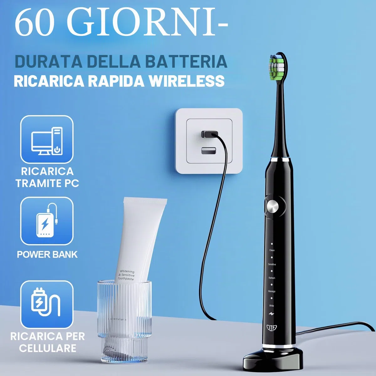 JTF Spazzolino Elettrico Sonico Adulti con 5 Modalità di Spazzolamento, Spazzolini Elettrici ad Ultrasuoni Impermeabile IPX7, 6 Testine, Timer e Custodia Spazzolino da Viaggio
