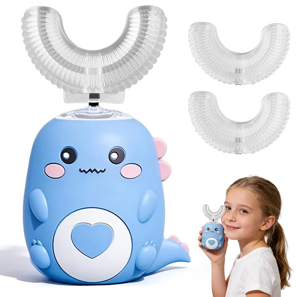Spazzolino Elettrico Bambini 2-8 anni, NAVESO Spazzolino Sonico Bambini a forma di U con 3 Testine in Silicone, 360° Dinosauro Electric Toothbrush Bambina per Abitudini di Igiene Orale