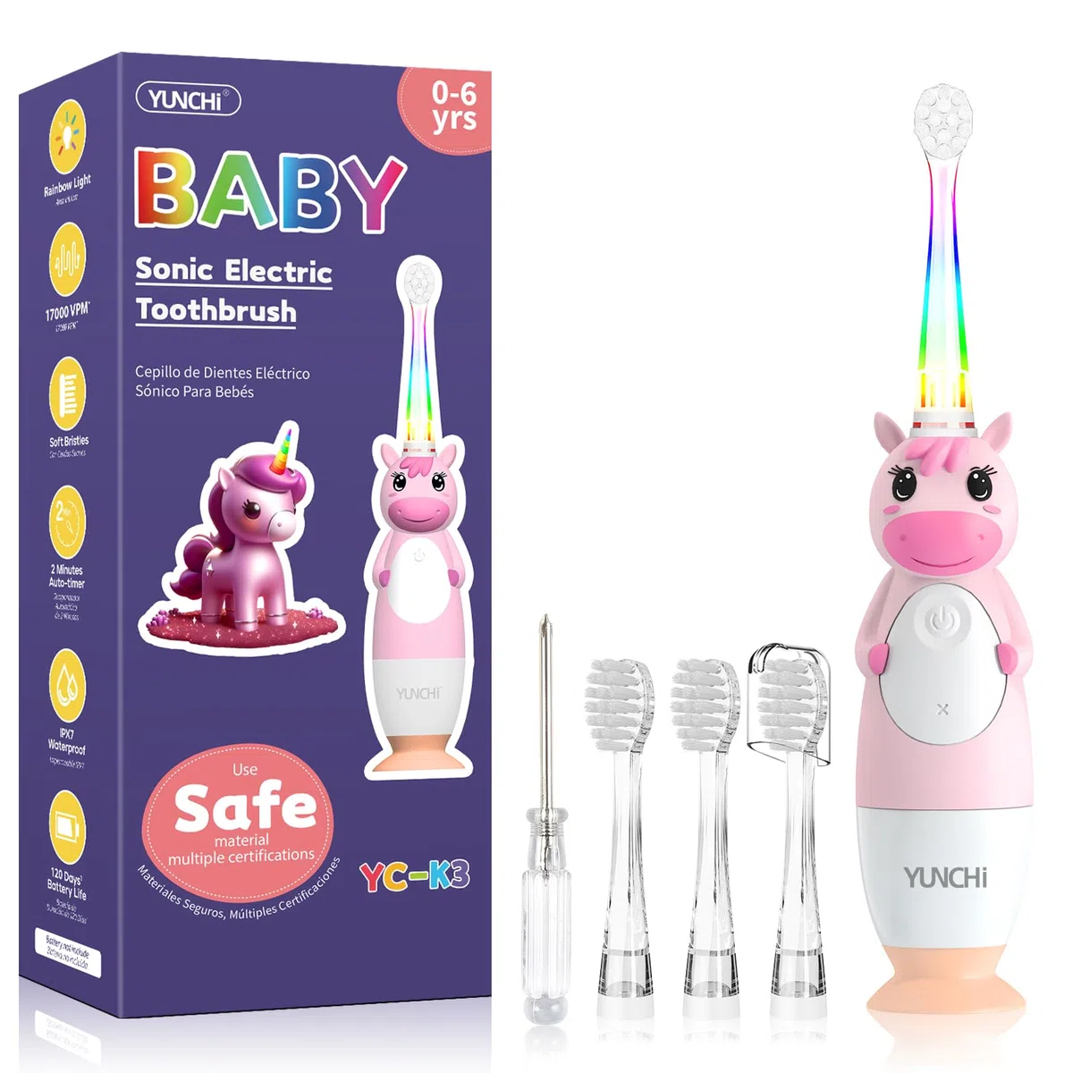 YUNCHI Spazzolino elettrico per bambini 0-3-6 anni, spazzolino elettrico per bambini con luce LED colorata, alimentato a batteria, con timer di 2 minuti, 4 testine, spazzolino da denti per neonati