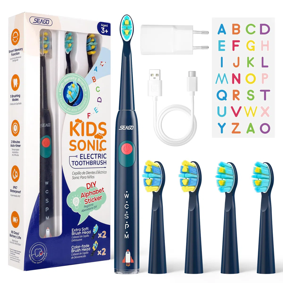 Seago Spazzolino Elettrico Bambini 6-12 Anni, Spazzolini Elettrici per Bambini Con Adesivi Fai Da Te Divertenti, Timer Da 2 Minuti, 4 Testine Spazzolino Bambini,Impermeabile IPX7 SG-2303, Blu