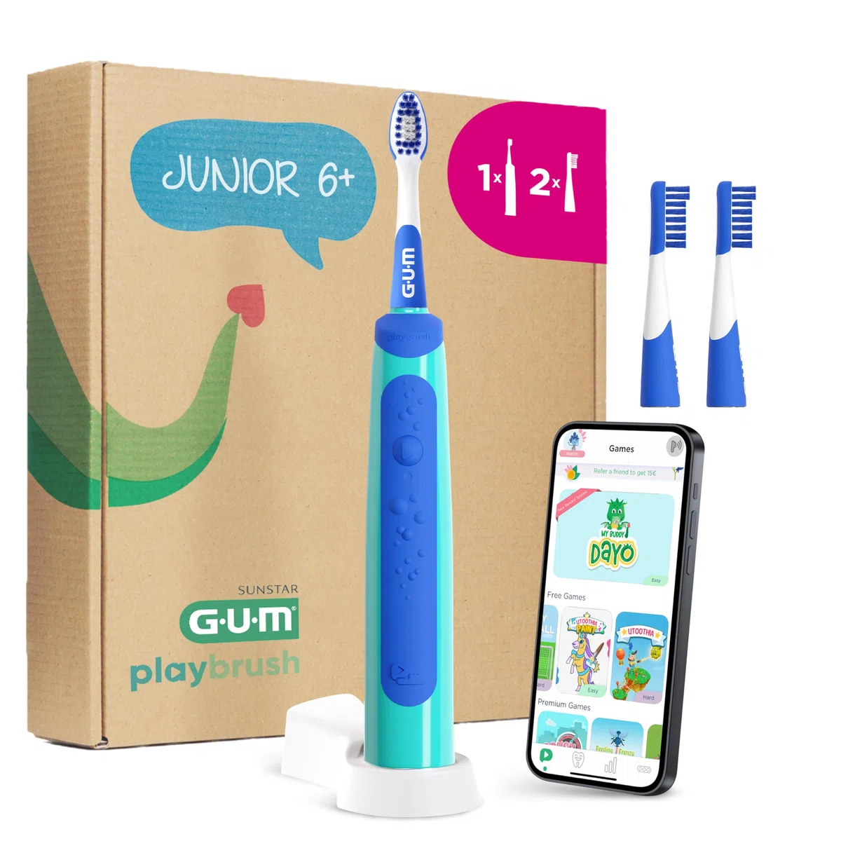 GUM Playbrush JUNIOR 6+ spazzolino elettrico | app di gioco interattiva | 2 modalità di spazzolamento | setole extra morbide | batteria a 8 settimane | 1x spazzolino sonico | 2 testine extra | Blu