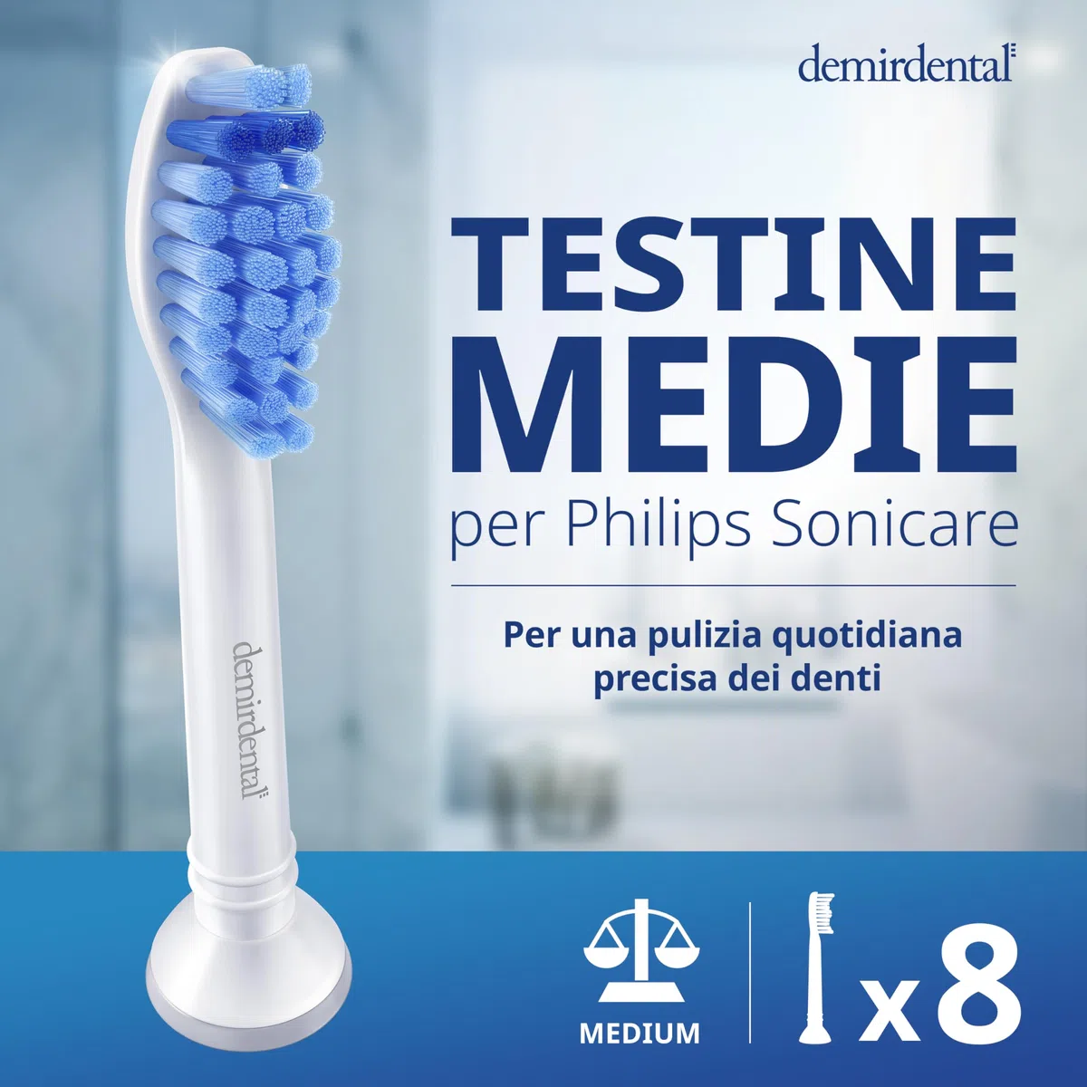 8 testine demirdental adatte per testine di ricambio Philips Sonicare ProResults Medium per una pulizia quotidiana precisa dei denti, bianco, equivalente a HX6018