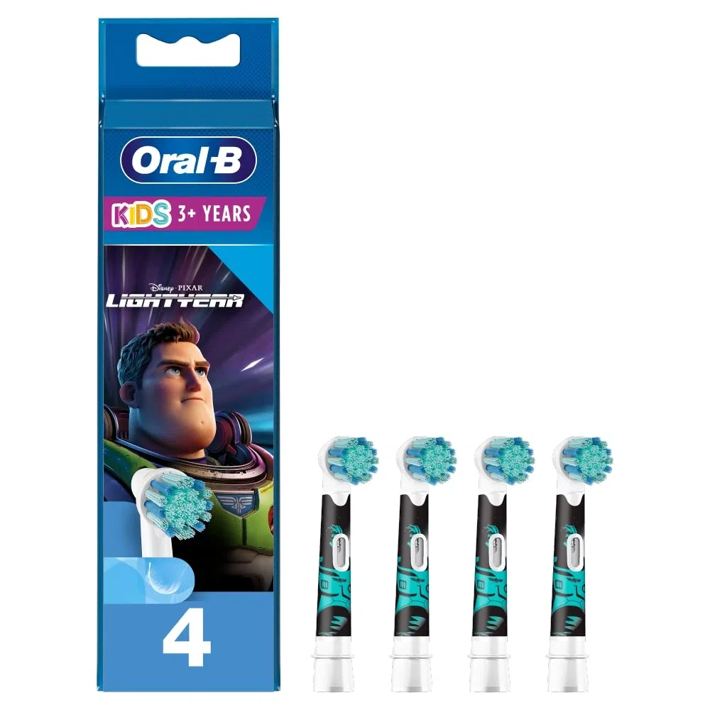 Oral-B Testina per spazzolino elettrico per bambini, con personaggi Disney Lightyear, setole rotonde extra morbide, per bambini dai 3 anni in su, confezione da 4 testine per spazzolino da denti,