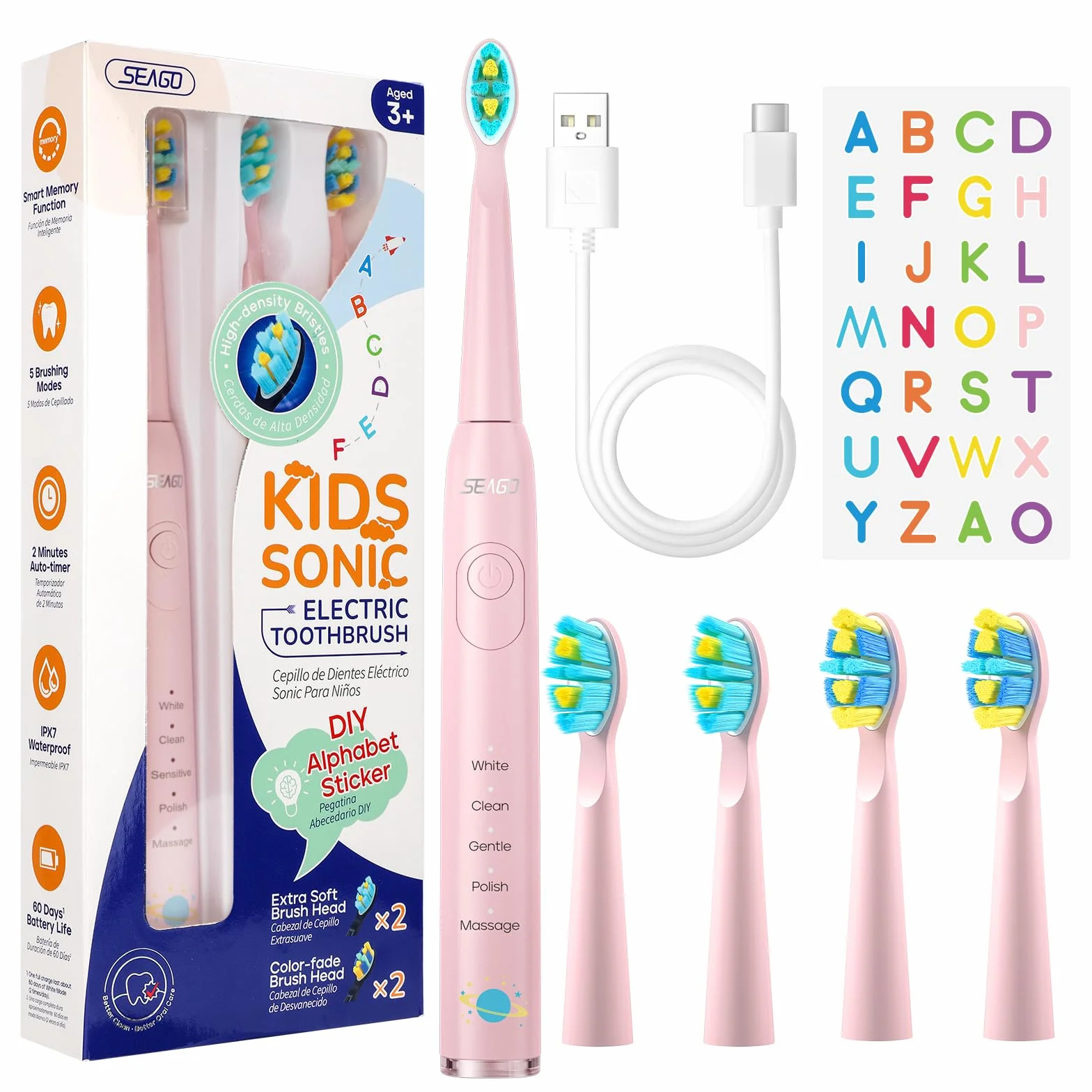 Seago Spazzolino Elettrico Bambini 6-12 Anni, Spazzolini Elettrici per Con Adesivi Fai Da Te Divertenti, Timer Da 2 Minuti, 4 Testine Spazzolino Bambini,Impermeabile IPX7 SG-2303 (Rosa)