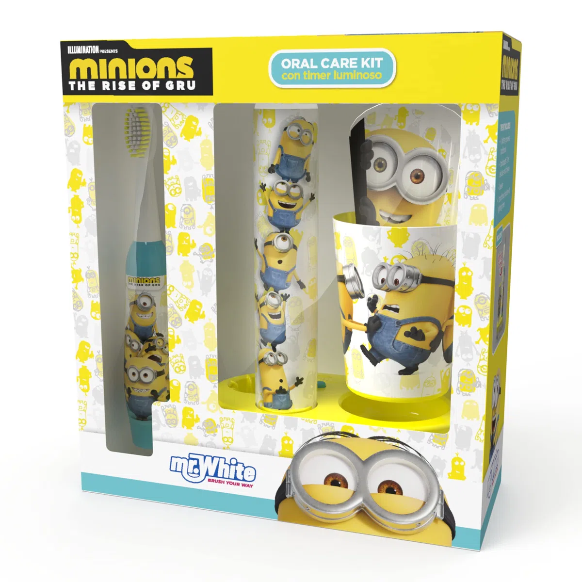Minions Kit per l'igiene orale a LED per bambini, contiene spazzolino elettrico alimentato a batteria con setole morbide, dentifricio alla menta, bicchiere multiuso e base con torre di temporizzazione