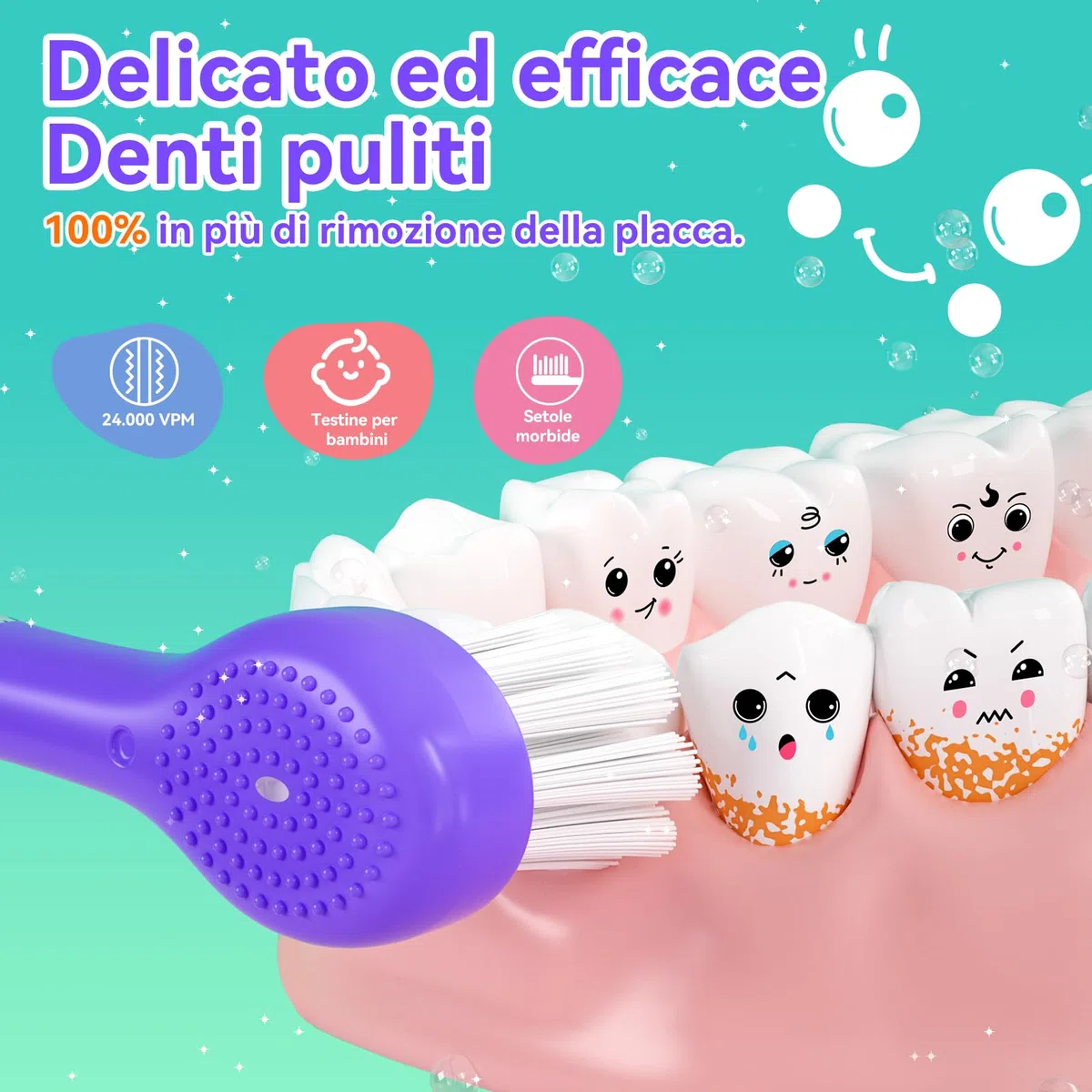 Spazzolino Elettrico Bambini Spazzolino Denti Elettrico Spazzolini Elettrici Spazzolino Bambini 0-6 Anni Spazzolino Da Viaggio Con 8 Testine Per, Luce LED, modello balena SG-2139,Viola