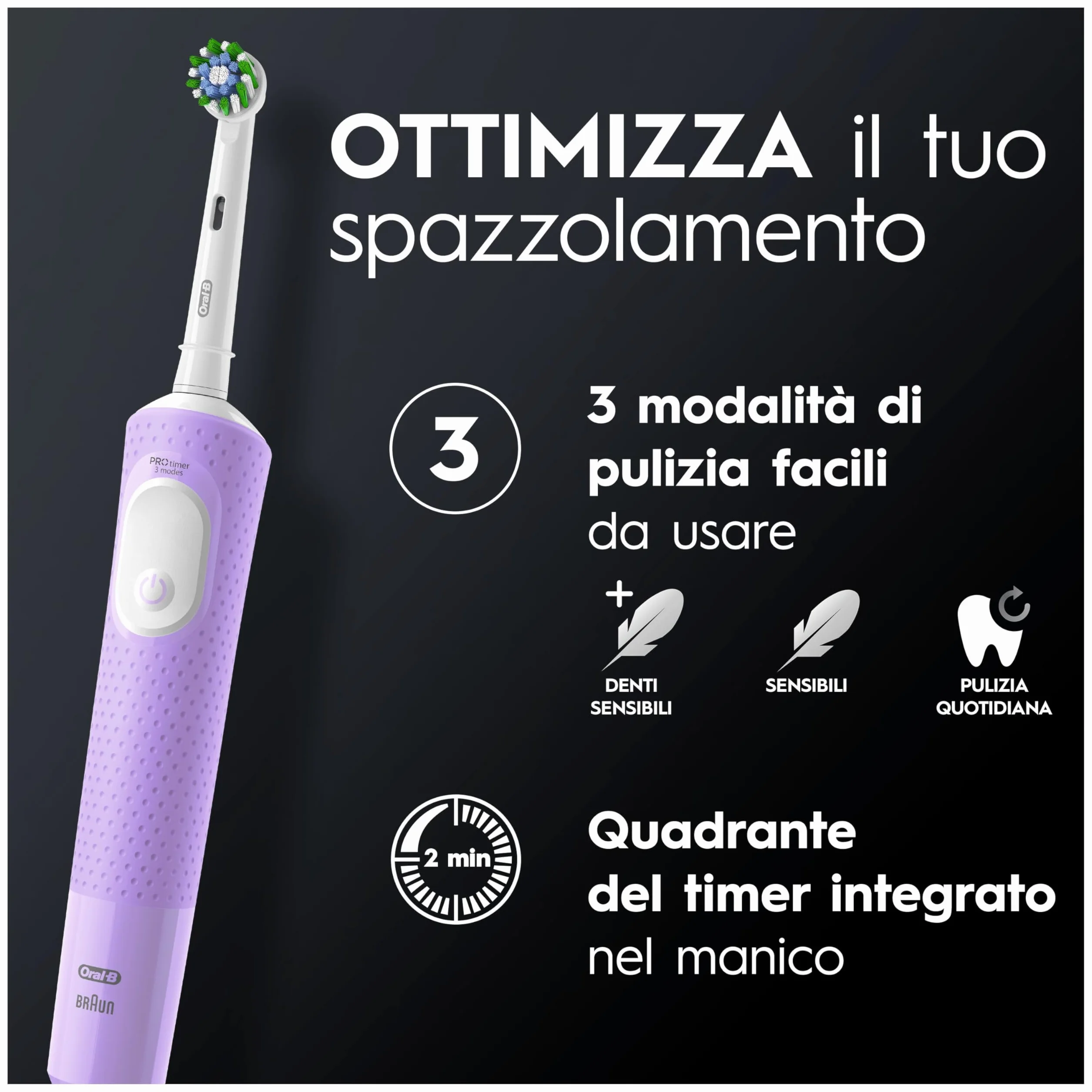 Oral-B Spazzolino Elettrico Ricaricabile Vitality Pro, 3 Modalità di Spazzolamento, Batteria a Lunga Durata, 1 Testina e 1 Spazzolino, Viola, Idea Regalo