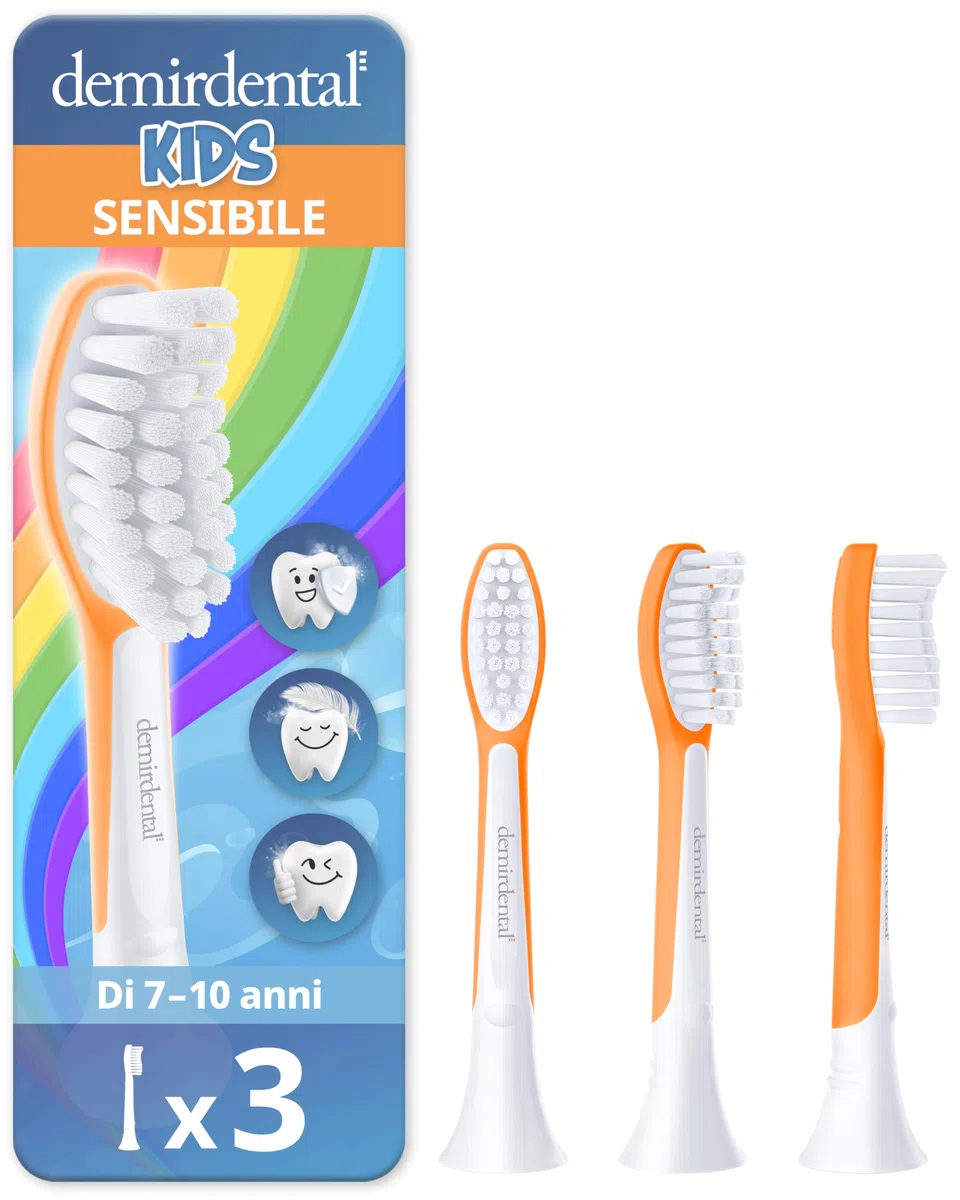 demirdental testine per Philips Sonicare Kids testina per bambini, per i primi denti permanenti, bambini da 7 a 10 anni, corrisponde a HX6043, Arancione, set da 3
