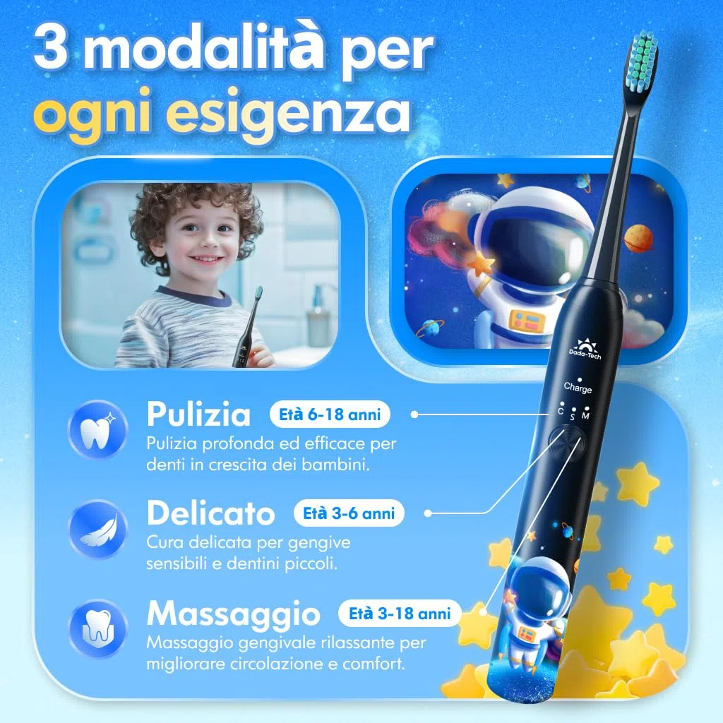 Spazzolino Elettrico Bambini 3-6-12-18 Anni Spazzolino Elettrico Bambina Bambino Bimbo Con Timer, Adesivi per Abitudini e 4 Testine Morbide (Astronauta Nero)