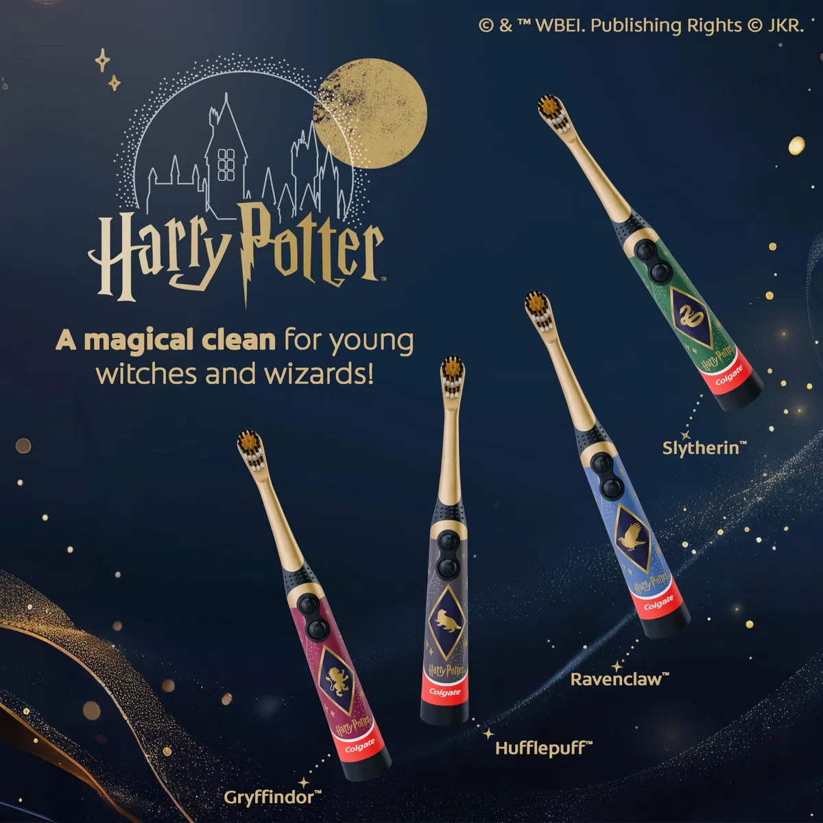 Colgate Harry Potter - Spazzolino da denti vibrante per bambini a batteria, extra morbido, batterie AA incluse, confezione da 4, per streghe e maghi dai 3 anni in su, design piatto