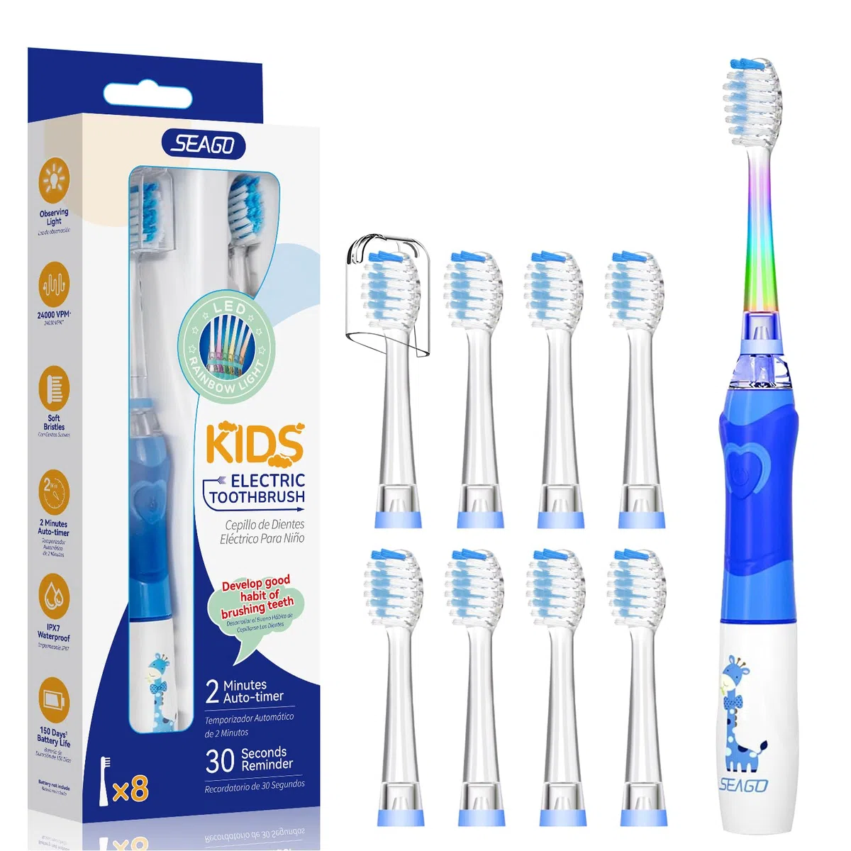 Seago Spazzolino elettrico per bambini dai 3 ai 12 anni di età, spazzolino elettrico con luce colorata, Smart Timer 8 testine morbide, impermeabile, spazzolino sonico per bambini, SG977 (blu-8)
