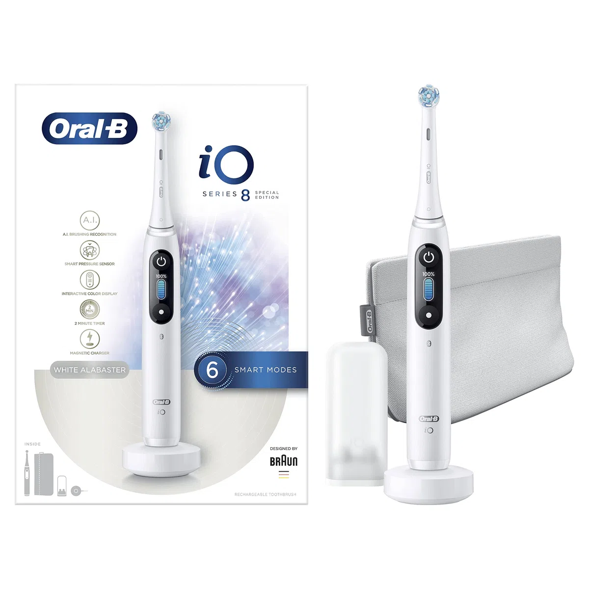 Oral-B Special Edition iO - 8 - Spazzolino Elettrico Ricaricabile Di Braun, 1 Spazzolino Bianco Esclusivo Con Tecnologia Magnetica Rivoluzionaria, Display A Colori, 1 Testina, 1 Astuccio Magnetico