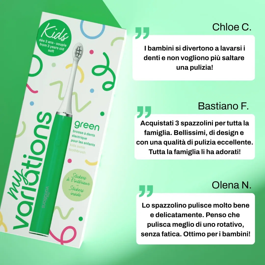 My Variations ® - Spazzolino da denti elettrico per bambini - Tecnologia sonica - 1 mese di autonomia - Ricaricabile - Consigliato dai dentisti - 2 modalità - Timer 2 min integrato - 3-12 anni - Verde