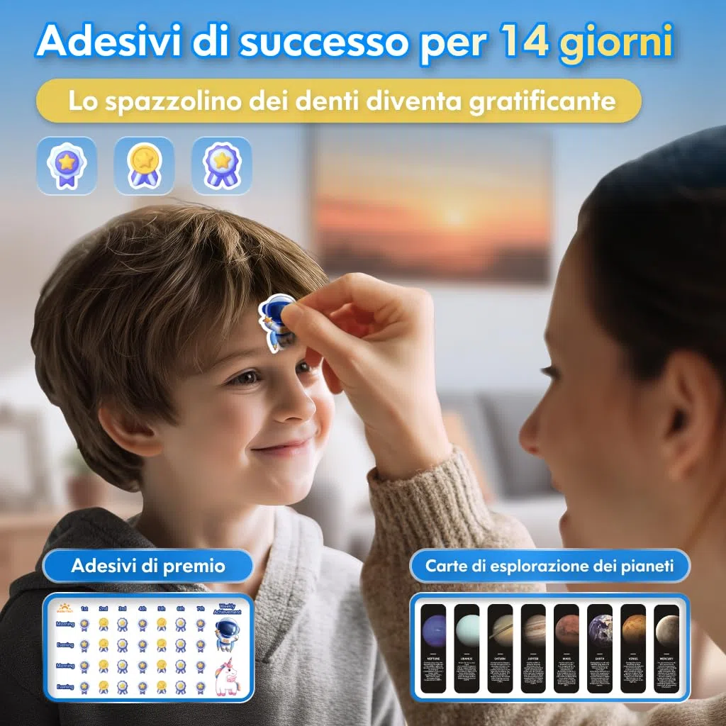 Spazzolino Elettrico Bambini 3-6-12-18 Anni Spazzolino Elettrico Bambina Bambino Bimbo Con Timer, Adesivi per Abitudini e 4 Testine Morbide (Astronauta Nero)