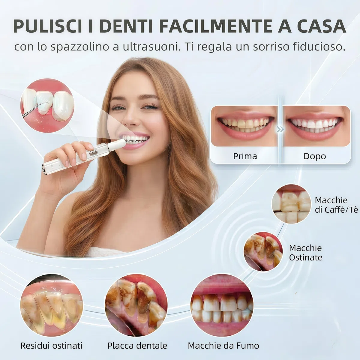 Kit Pulizia Denti Tartaro，Spazzolino Elettrico Ultrasuoni Intelligente con 5 Modalità Per Rimozione Placca e Macchie con 5 Testine Intercambiabili e Luci LED per Pulizia Tartaro Uso Quotidiano a Casa