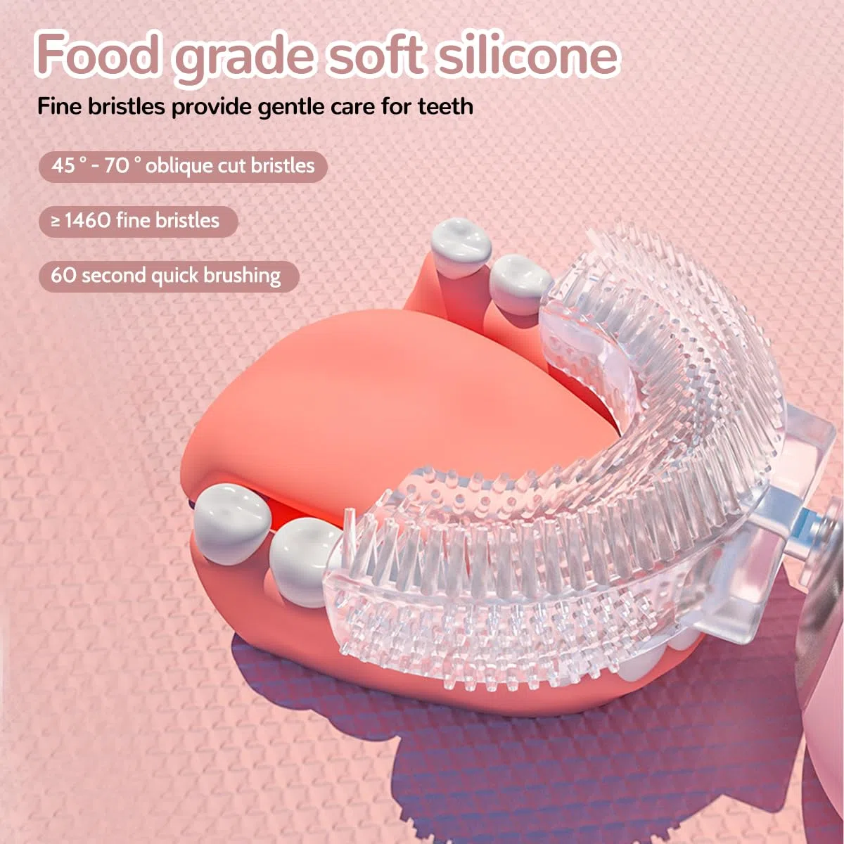 Spazzolino Elettrico Per Bambini A 360º, On 2 Testine In Silicone A Forma Di U, Luce Effetto Dinosauro, Per Bambini E Bambine Dai 2 Ai 8 Anni (Rosa)