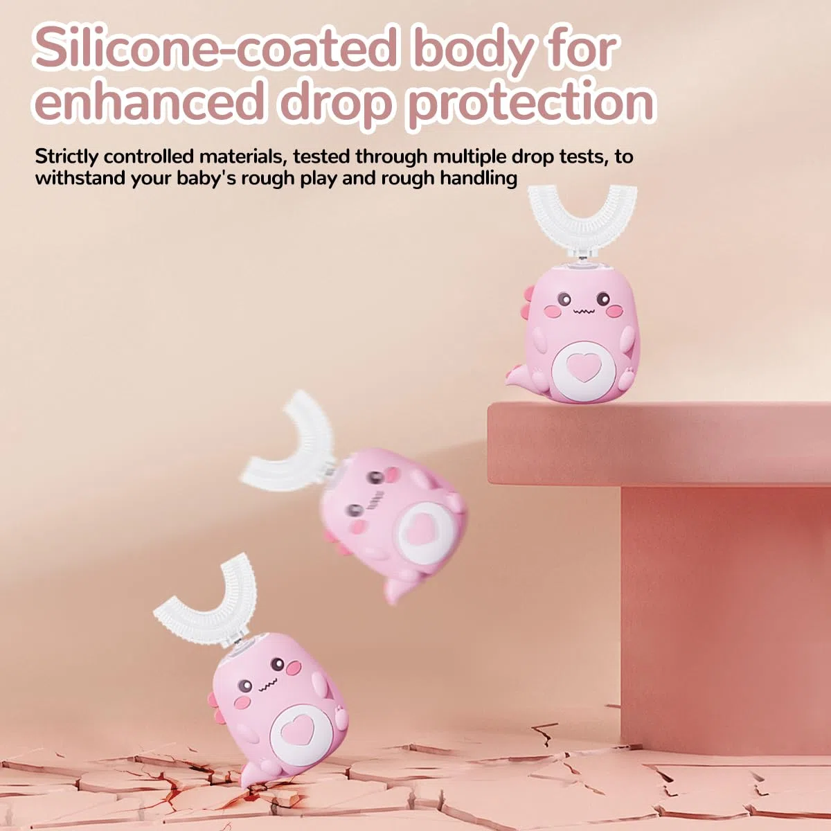 Spazzolino Elettrico Per Bambini A 360º, On 2 Testine In Silicone A Forma Di U, Luce Effetto Dinosauro, Per Bambini E Bambine Dai 2 Ai 8 Anni (Rosa)