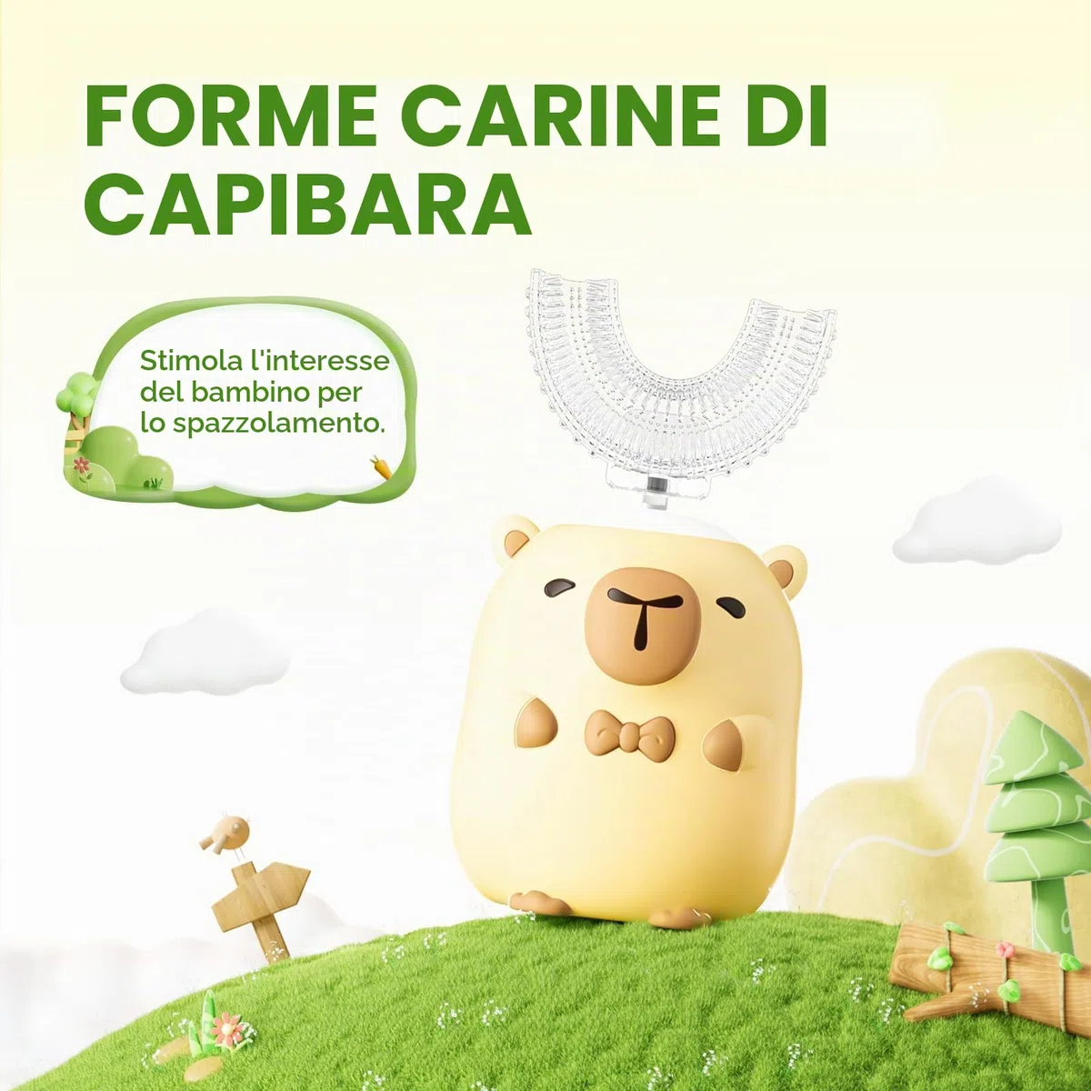 Spazzolino elettrico per bambini a forma di U - Capibara con 6 testine per pulizia completa della bocca, spazzolino automatico per bambini, con impermeabilità IPX7 (Capybara, 2-14 anni)