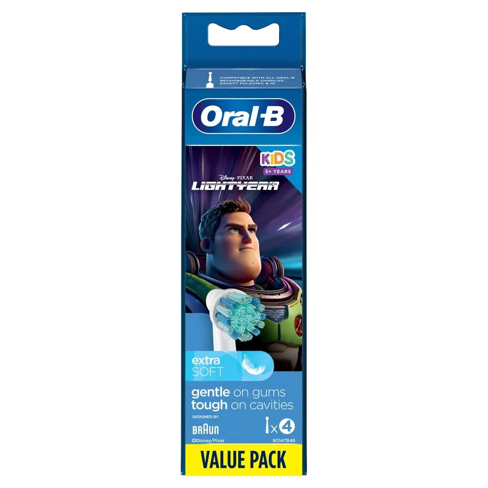 Oral-B Testina per spazzolino elettrico per bambini, con personaggi Disney Lightyear, setole rotonde extra morbide, per bambini dai 3 anni in su, confezione da 4 testine per spazzolino da denti,