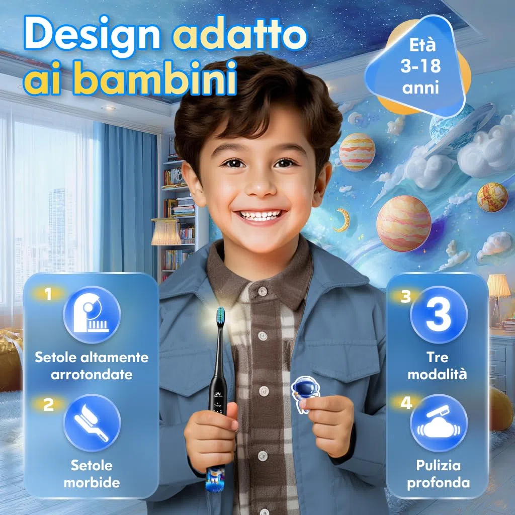 Spazzolino Elettrico Bambini 3-6-12-18 Anni Spazzolino Elettrico Bambina Bambino Bimbo Con Timer, Adesivi per Abitudini e 4 Testine Morbide (Astronauta Nero)
