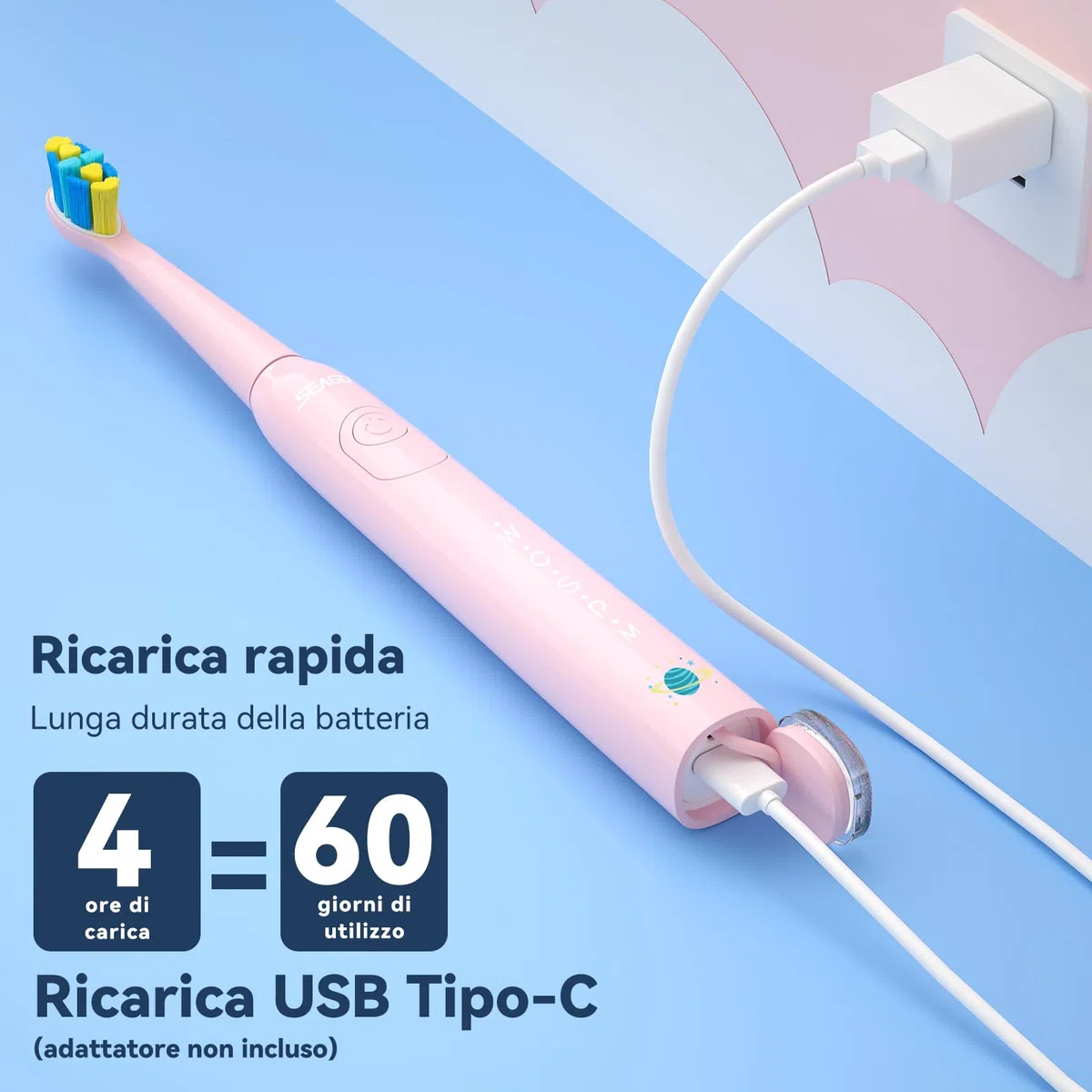 Seago Spazzolino Elettrico Bambini 6-12 Anni, Spazzolini Elettrici per Con Adesivi Fai Da Te Divertenti, Timer Da 2 Minuti, 8 Testine Spazzolino Bambini,Impermeabile IPX7 SG-2303 (Rosa)