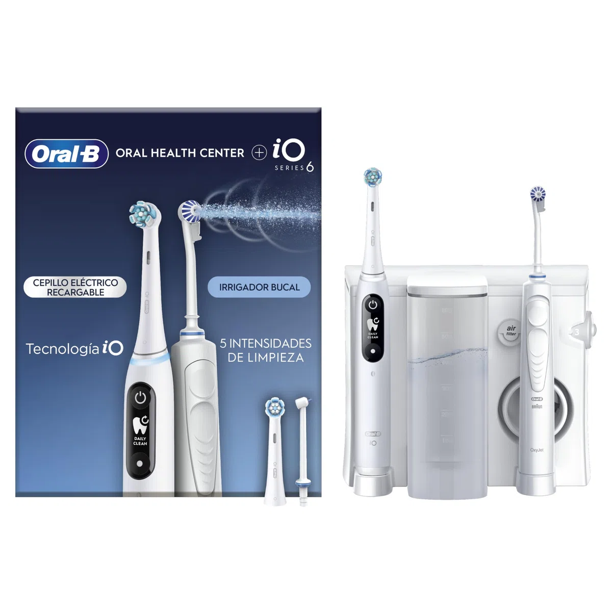 Oral-B Idropulsore, 2 Beccucci Oxyjet, Spazzolino Elettrico iO6, 2 Testine, Bianco - 1 Idropulsore con Beccuccio Oxyjet e Beccuccio con Getto D'Acqua, 2 Testine di Ricambio per Spazzolino Elettrico,