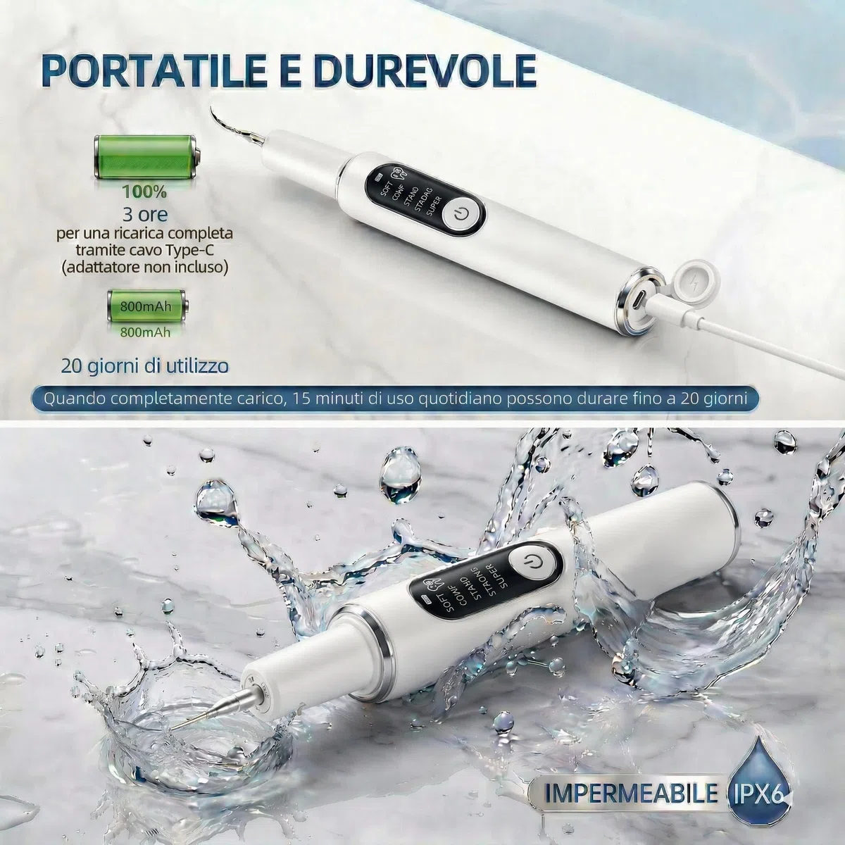 Kit Pulizia Denti Tartaro，Spazzolino Elettrico Ultrasuoni Intelligente con 5 Modalità Per Rimozione Placca e Macchie con 5 testine intercambiabili e Luci LED per Pulizia Tartaro Uso Quotidiano a Casa