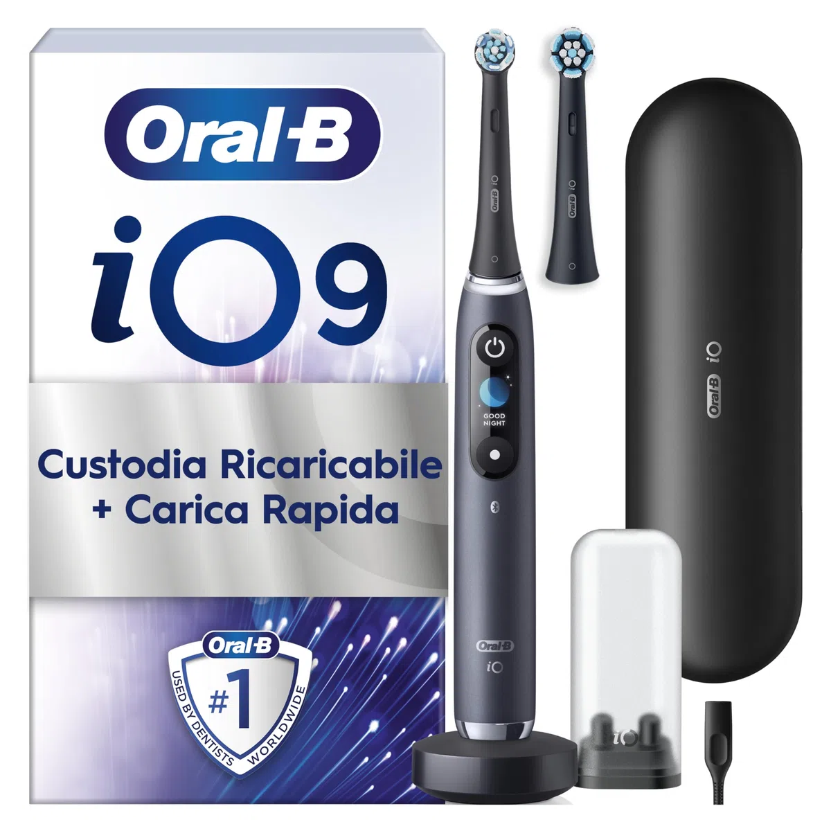 Oral-B Spazzolino Elettrico Ricaricabile iO 9N, Sensore di Pressione, Display Interattivo, A.I. , 7 Modalità, 2 Testine, 1 Spazzolino, 1 Custodia da Viaggio, pacchetto variabile, Nero (Black Onyx)