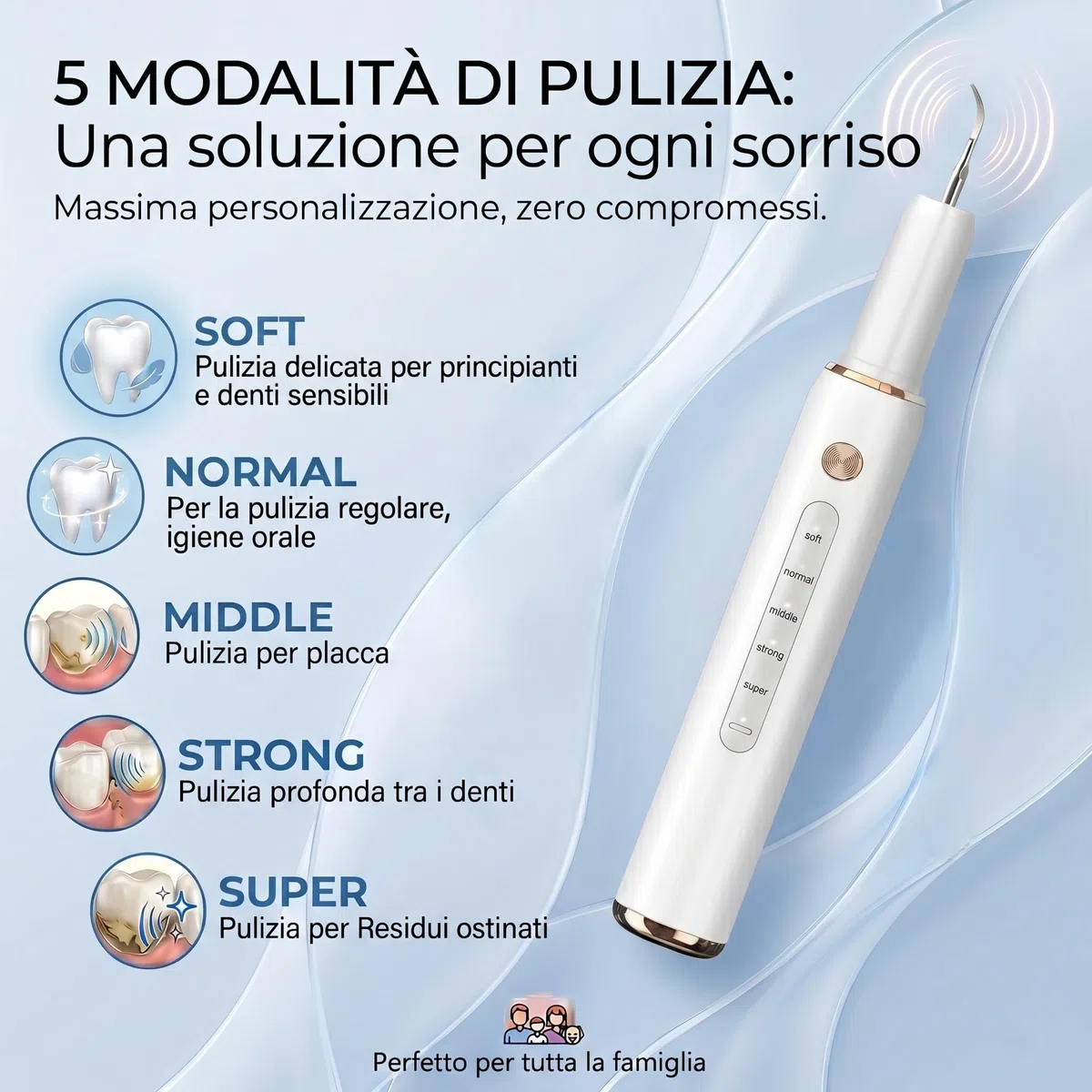 Kit Pulizia Denti Tartaro，Spazzolino Elettrico Ultrasuoni con 5 Modalità Per Rimozione Placca Macchie con 5 Testine Intercambiabili e Luci LED Set da 13 Pezzi per Pulizia Tartaro Uso Quotidiano a Casa