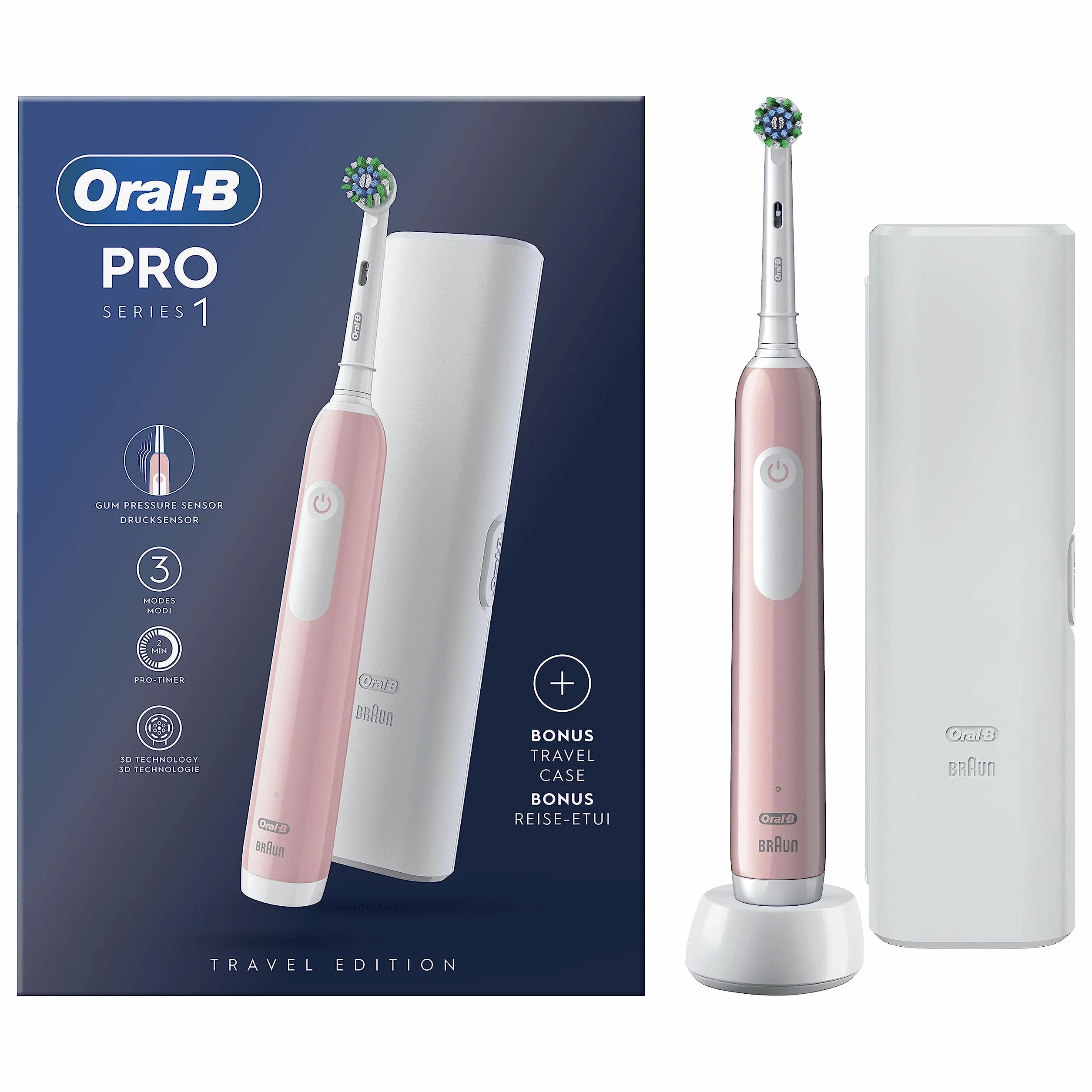 Oral-B Spazzolino Elettrico Ricaricabile Pro Series 1 Rosa con 1 Testina di Ricambio, 1 Custodia da Viaggio, 1 Spazzolino