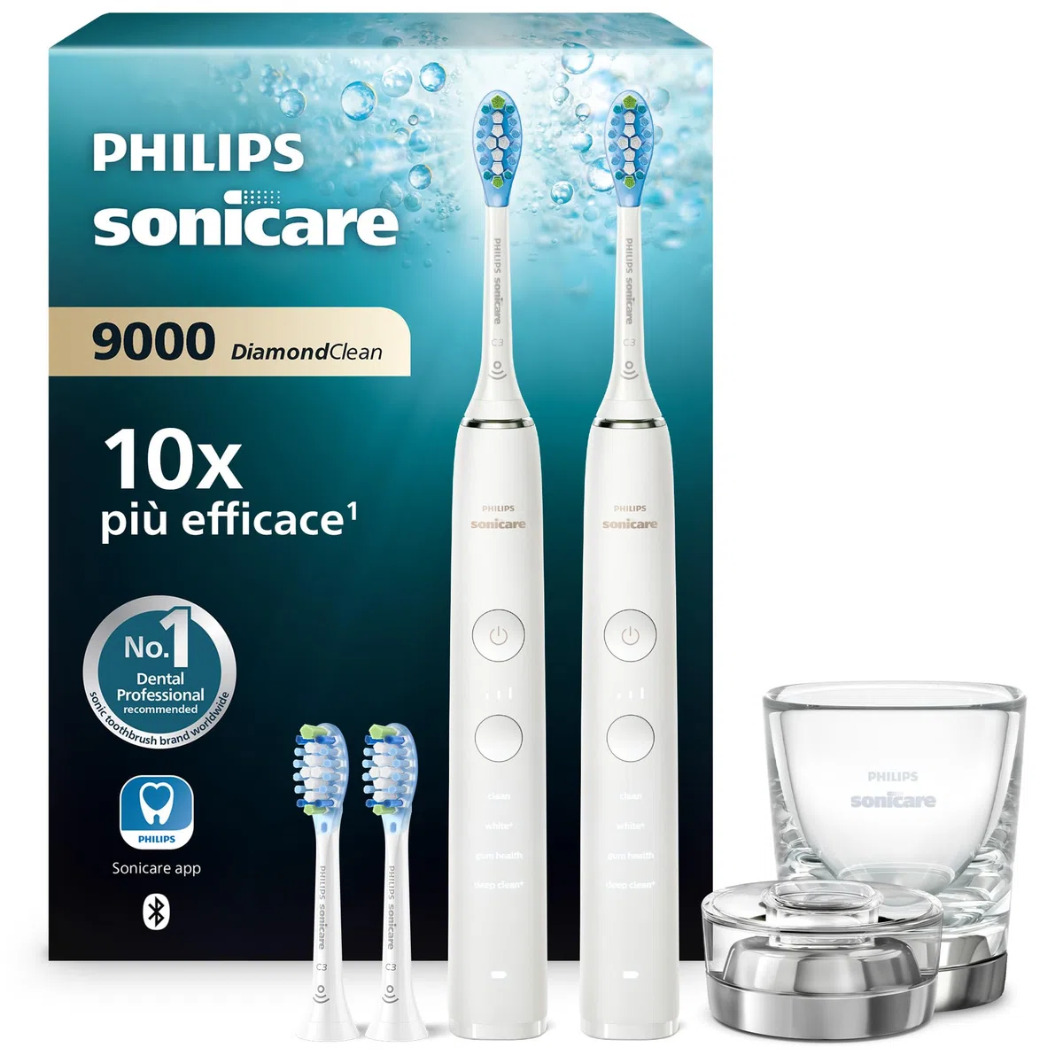 Philips Sonicare DiamondClean 9000 spazzolino elettrico, confezione doppia, spazzolino sonico con app, sensore di pressione, 4 modalità di pulizia, 3 livelli di intensità, bianco, modello HX9914/62