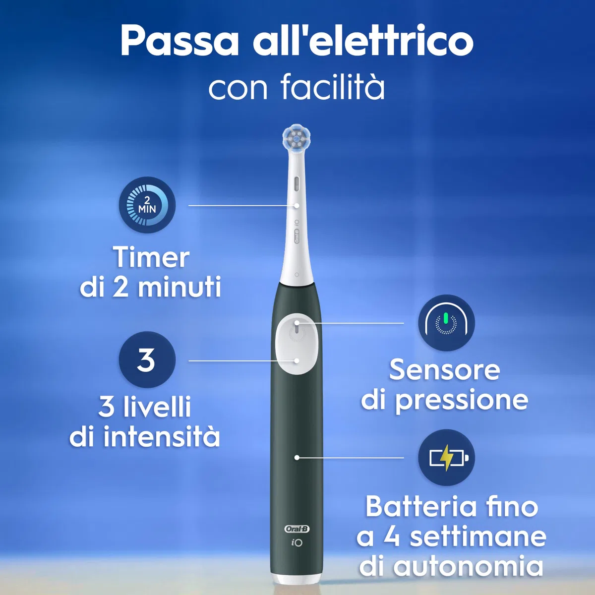 Oral-B Spazzolino Elettrico iO 2 Verde, 1 Testine Di Ricambio, Spazzolino Elettrico Ricaricabile, Pulizia Denti Efficace, Sensore Di Pressione, Delicato Sulle Gengive, Custodia Da Viaggio