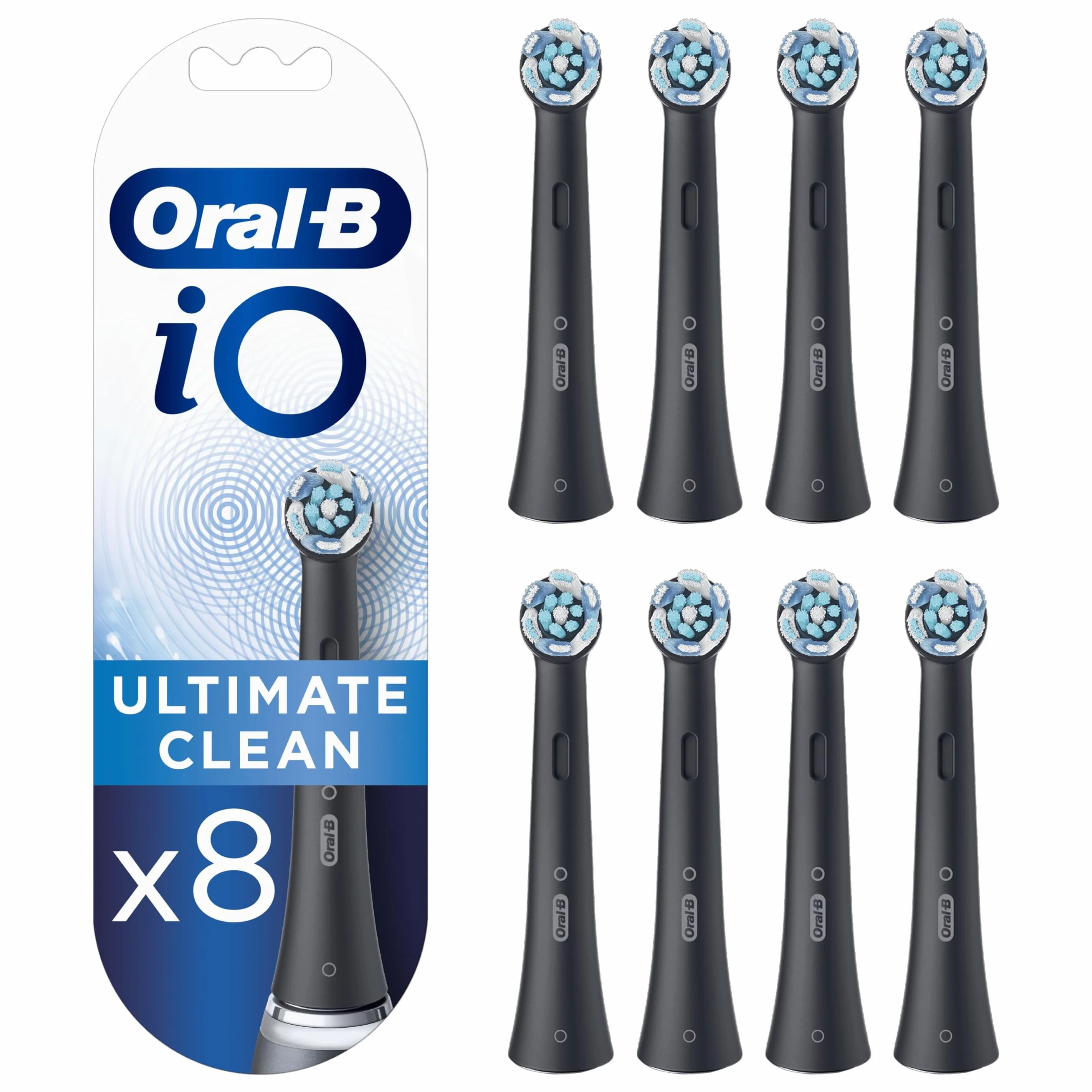 Oral-B iO Ultimate Clean Testine Spazzolino Elettrico, Confezione da 8 Testine di Ricambio Nere, Rimuove il 100% della Placca, Progettate per il tuo Oral-B iO, Adatto alla Buca delle Lettere