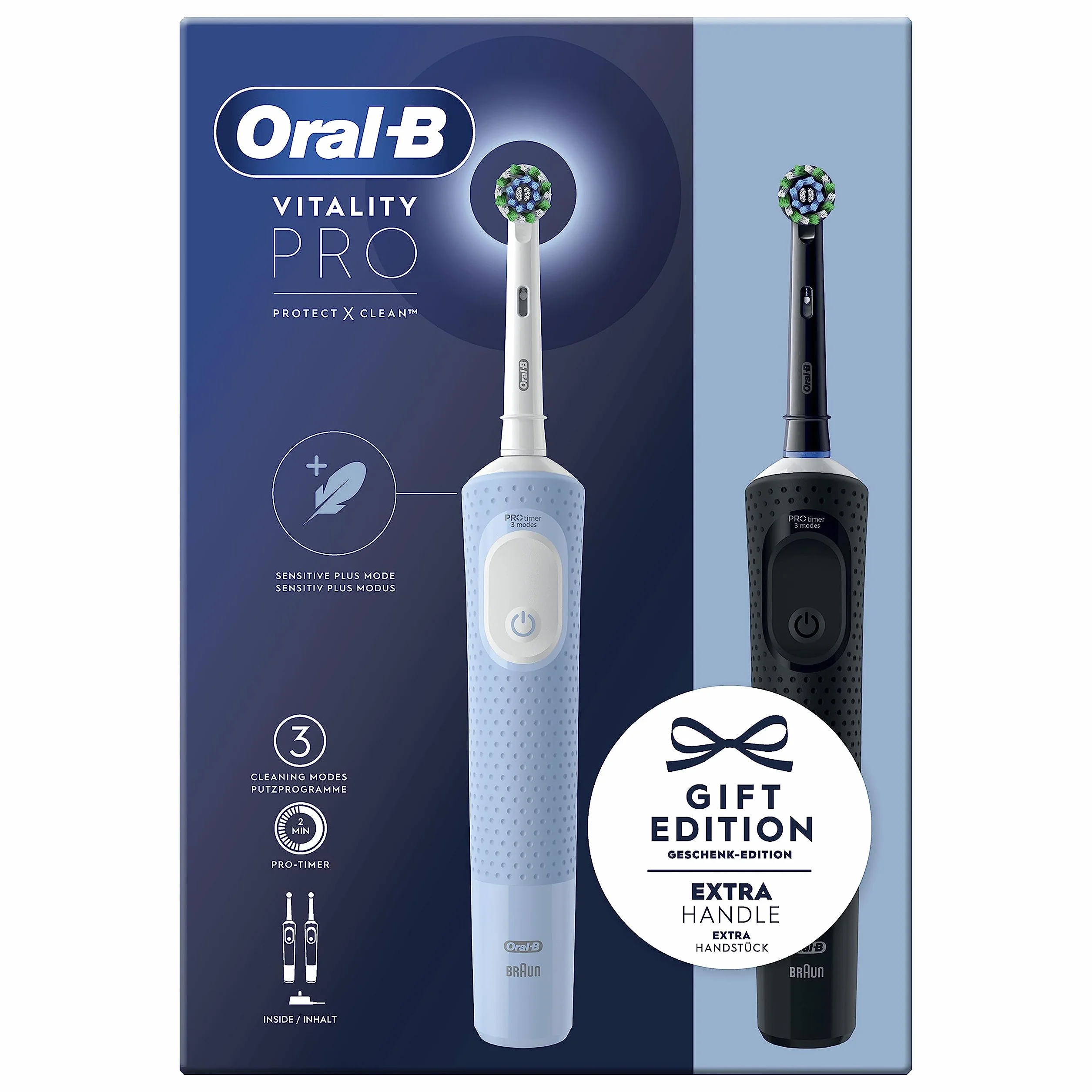 Oral-B Spazzolino Elettrico Ricaricabile Vitality Pro Nero e Blu, 2 testine. Confezione da 2 Spazzolini