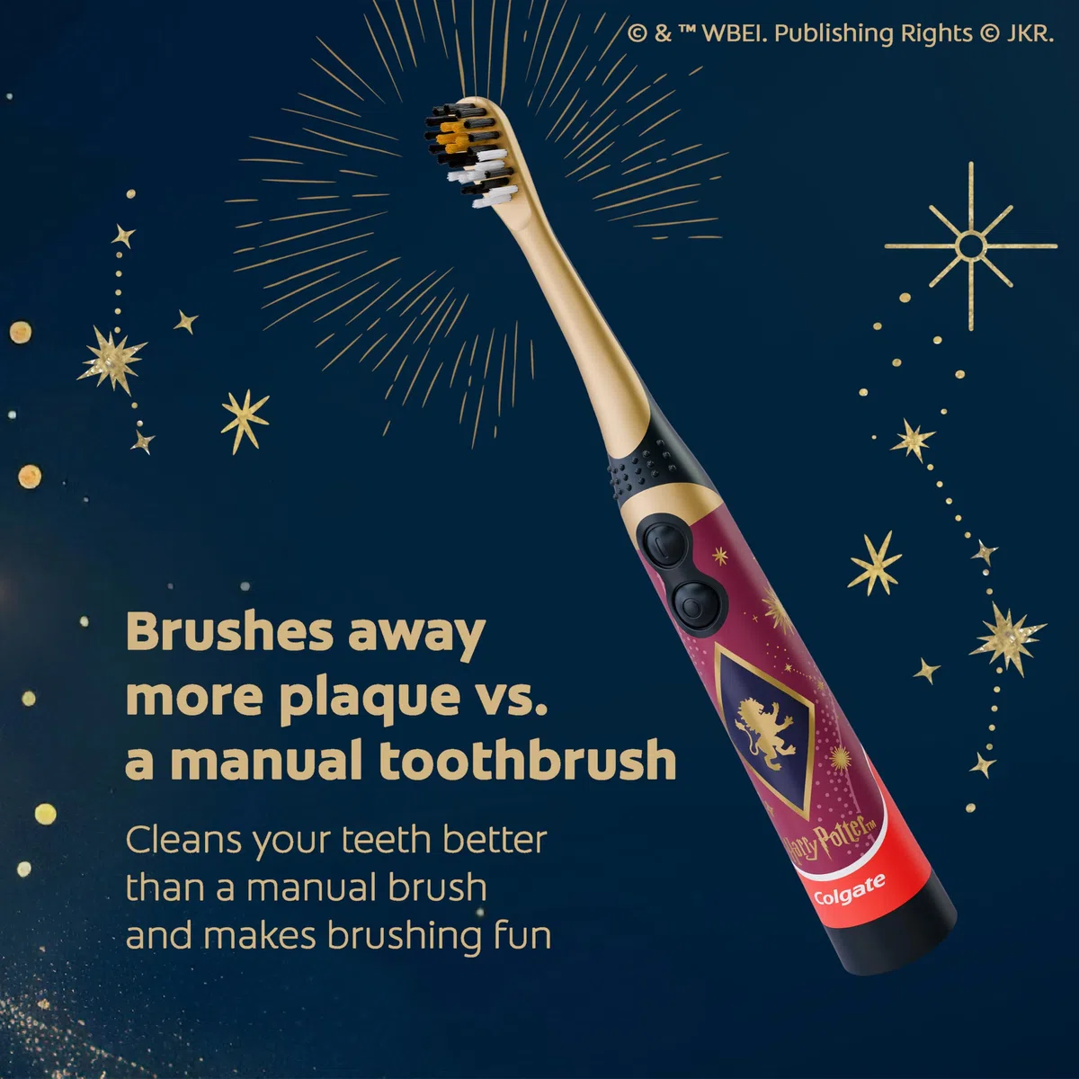 Colgate Harry Potter - Spazzolino da denti vibrante per bambini a batteria, extra morbido, batterie AA incluse, confezione da 4, per streghe e maghi dai 3 anni in su, design piatto