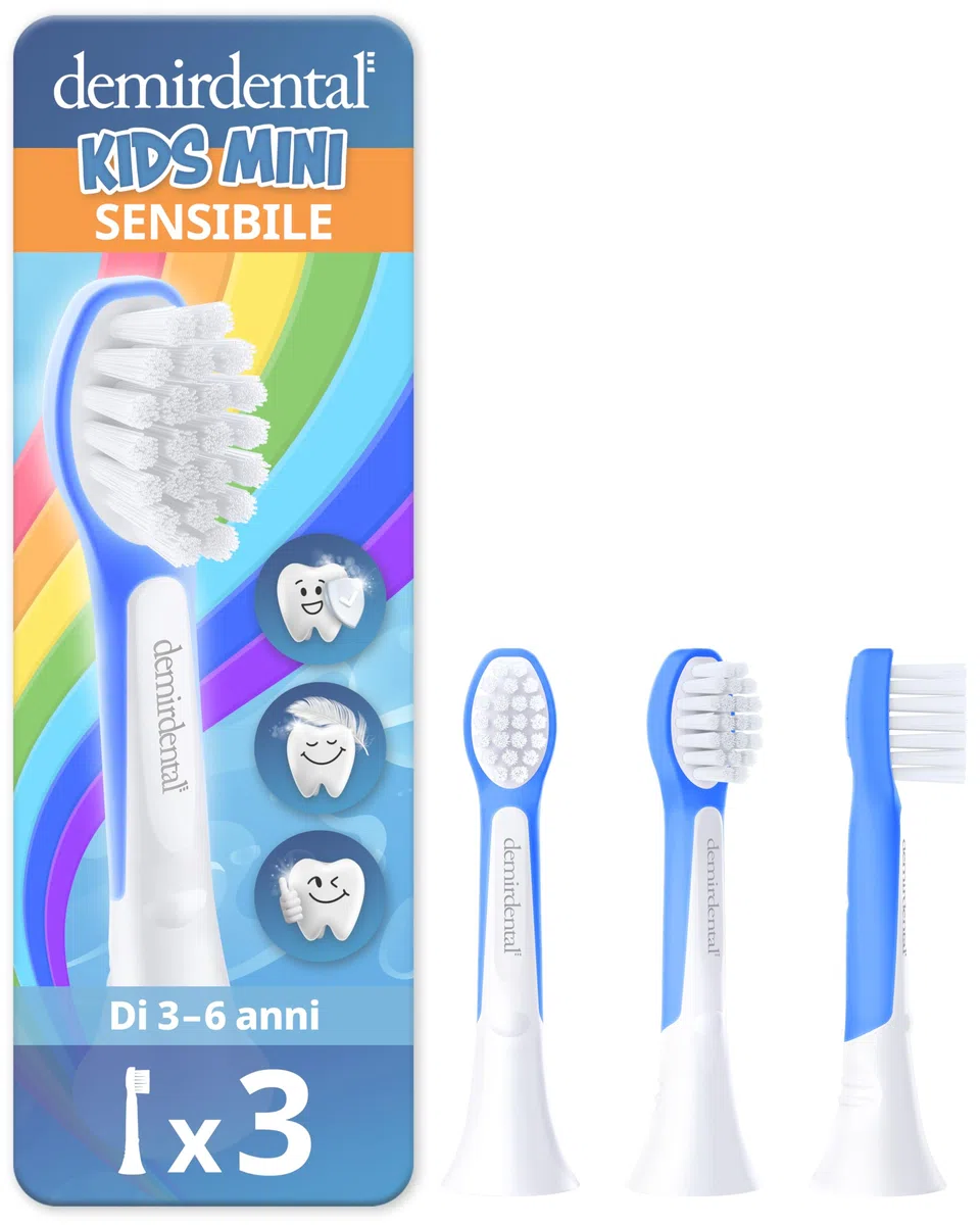demirdental testine per Philips Sonicare Kids, Compact Mini per denti da latte, bambini da 3 a 6 anni, corrisponde a HX6033, Blu scurro, set da 3