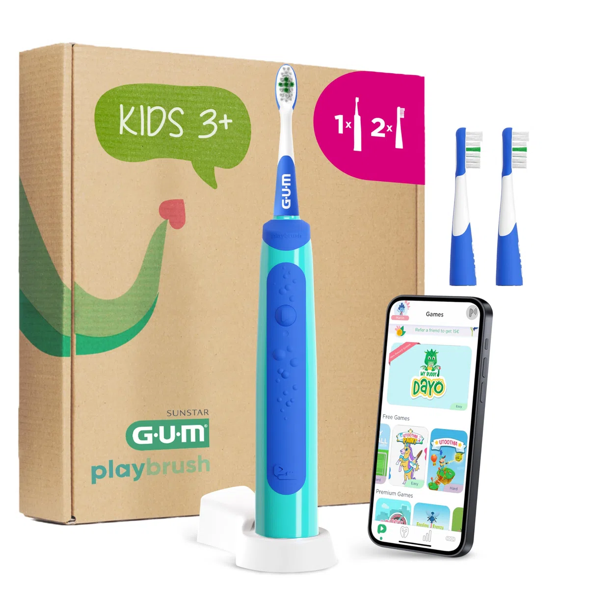 GUM Playbrush KIDS 3+ spazzolino elettrico | app di gioco interattiva | 2 modalità di spazzolamento | setole extra morbide | batteria a 8 settimane | 1x spazzolino ricaricabile | 2 testine extra | Blu
