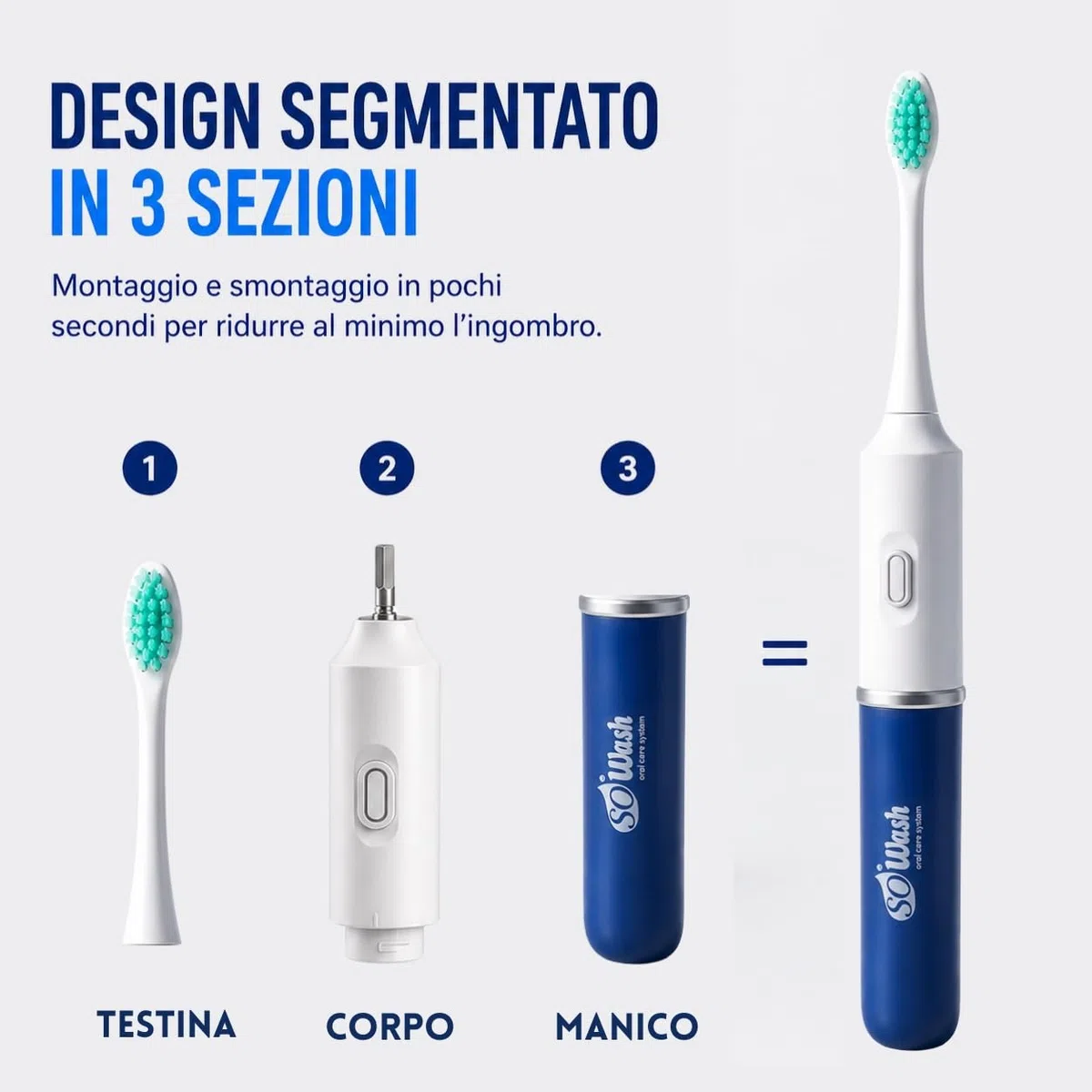 SoWash Sonic Travel | Spazzolino sonico elettrico | Custodia da viaggio | Ricaricabile | 1 mese di utilizzo per ricarica | 2 testine incluse | 5 modalità di spazzolamento | Timer da 2 minuti integrato