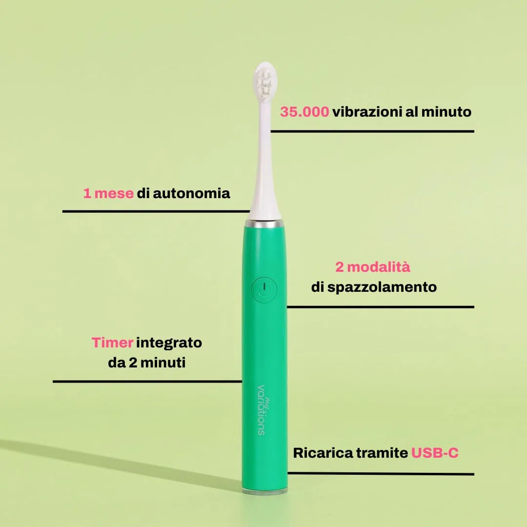 My Variations ® - Spazzolino da denti elettrico per bambini - Tecnologia sonica - 1 mese di autonomia - Ricaricabile - Consigliato dai dentisti - 2 modalità - Timer 2 min integrato - 3-12 anni - Verde