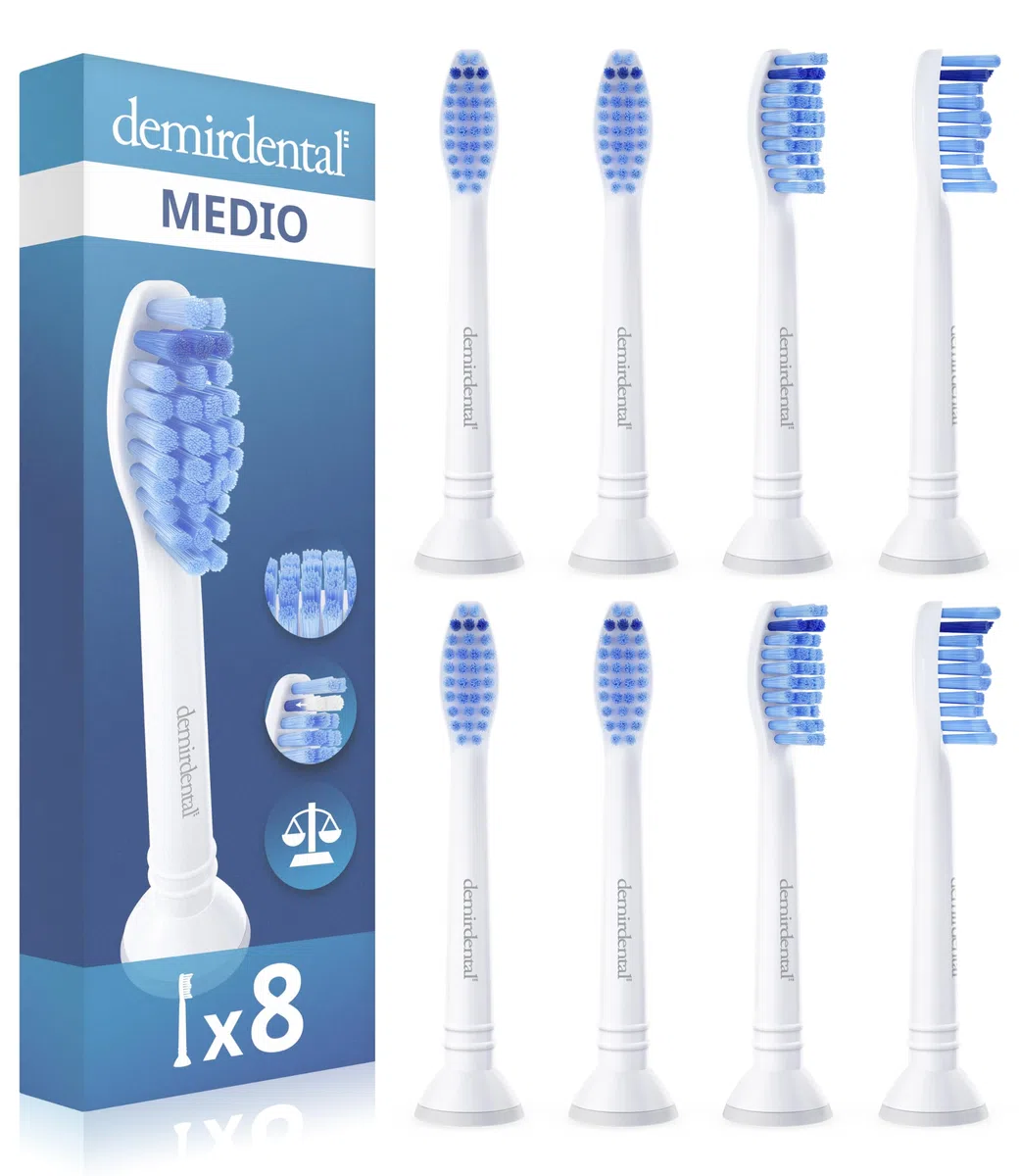 8 testine demirdental adatte per testine di ricambio Philips Sonicare ProResults Medium per una pulizia quotidiana precisa dei denti, bianco, equivalente a HX6018