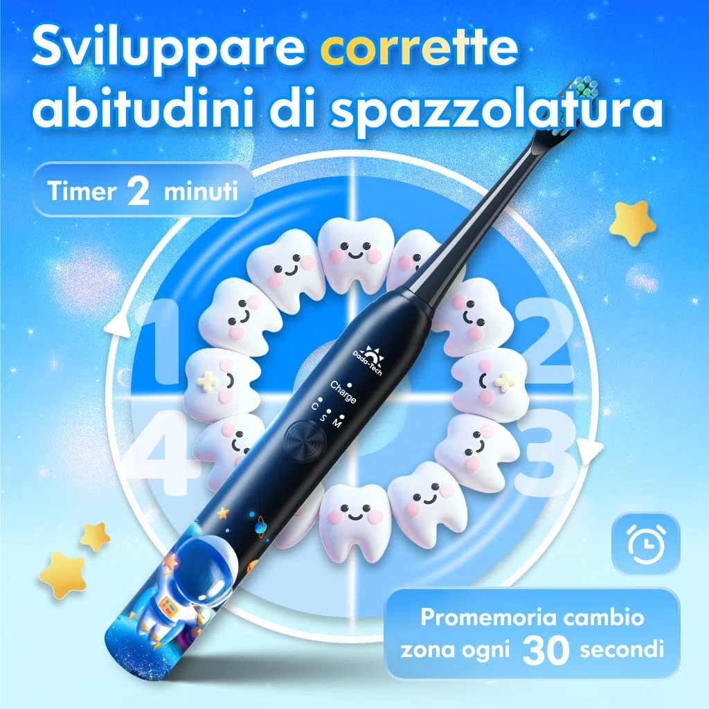 Spazzolino Elettrico Bambini 3-6-12-18 Anni Spazzolino Elettrico Bambina Bambino Bimbo Con Timer, Adesivi per Abitudini e 4 Testine Morbide (Astronauta Nero)