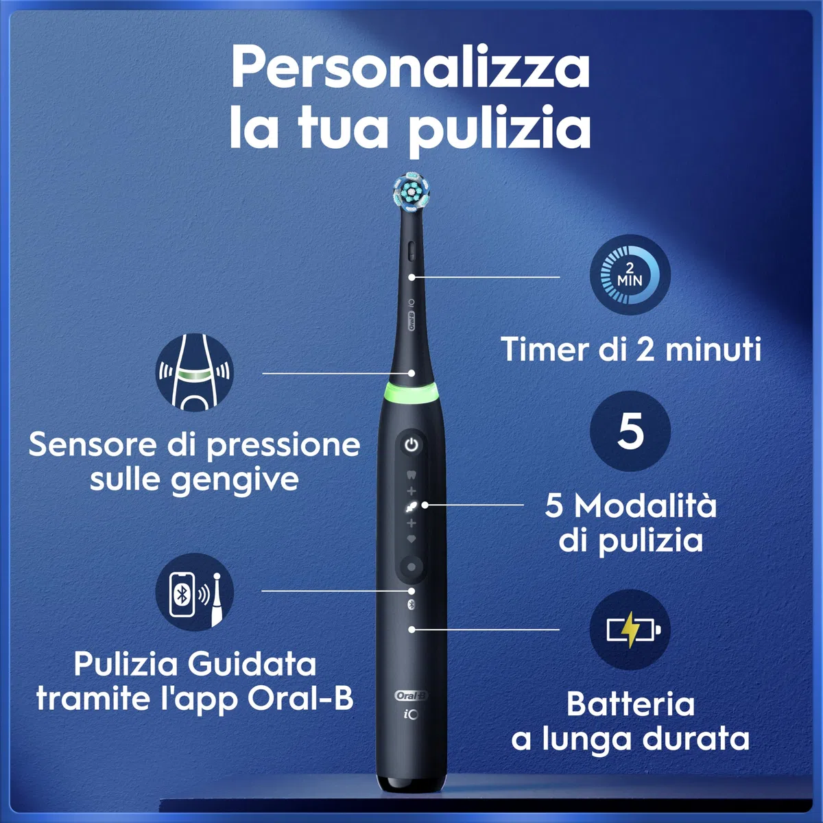 Oral-B iO 5, 2 Spazzolini Elettrici, 2 Testina Ricambio, Custodia, Bianco e Nero - 2 Testine di Ricambio per Spazzolino Elettrico, Ricaricabile, Custodia, Sensore di Pressione, Pulizia Denti